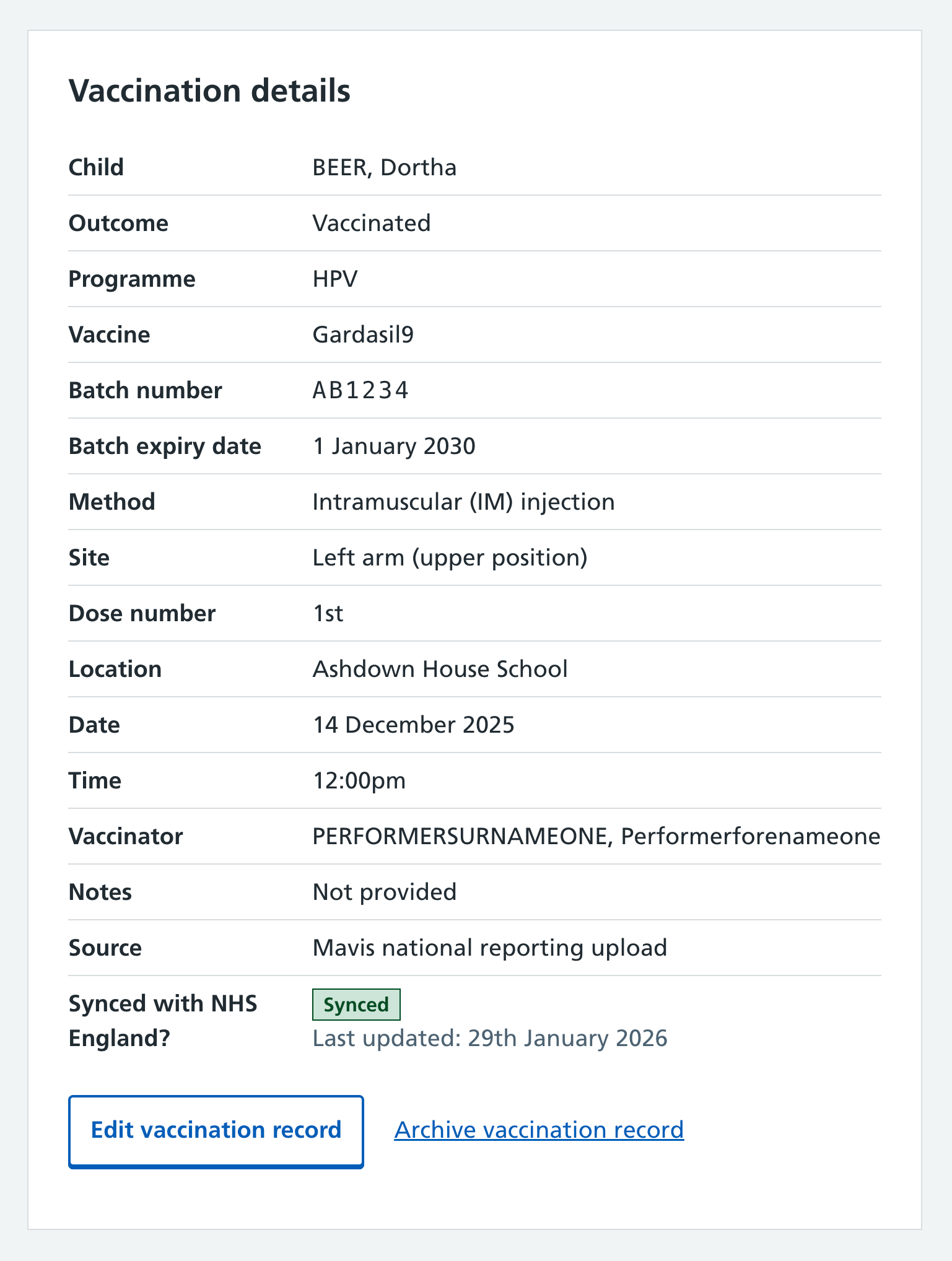 Screenshot of archive vaccination record link.