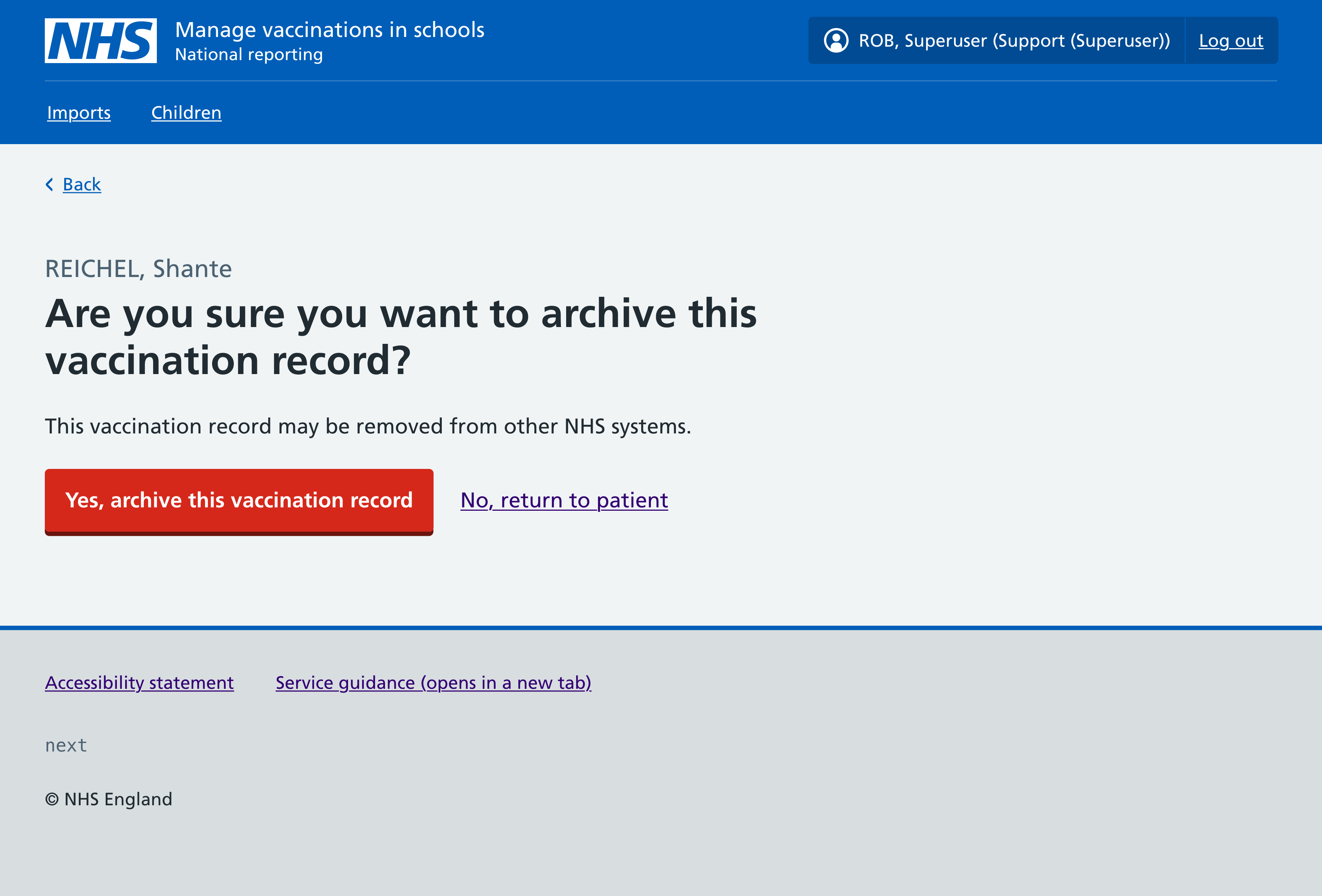 Screenshot of archive vaccination record confirmation.
