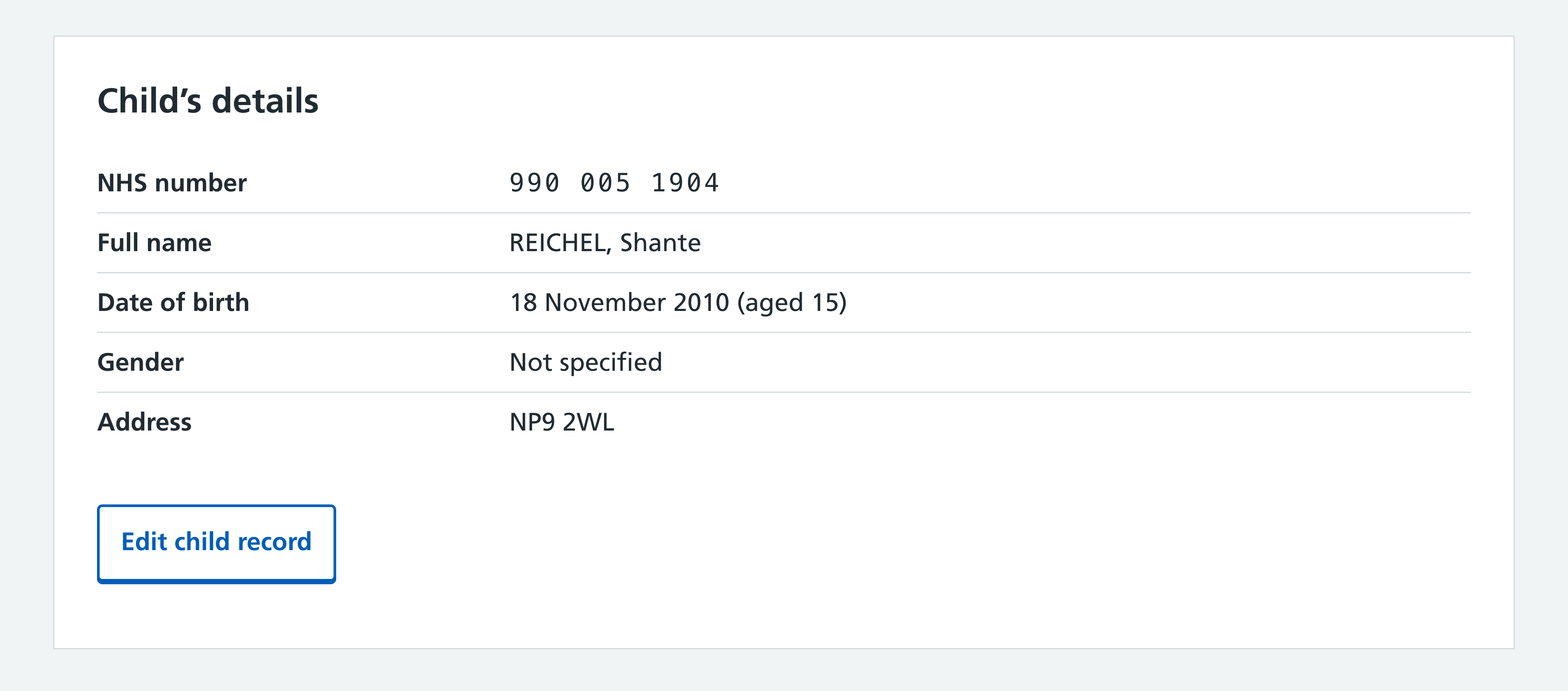 Screenshot of child record showing edit child record button.