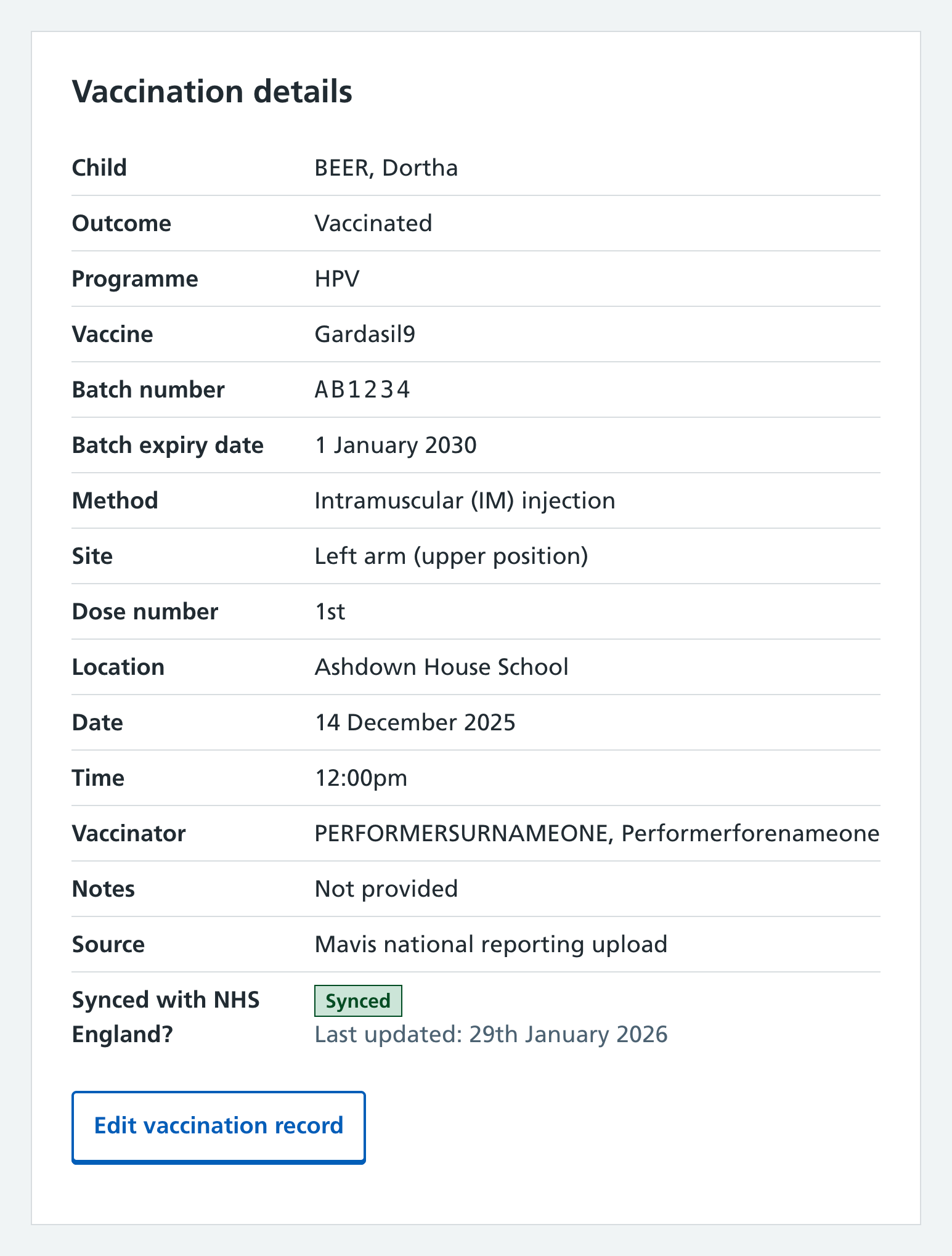 Screenshot of child record showing edit vaccination record button.
