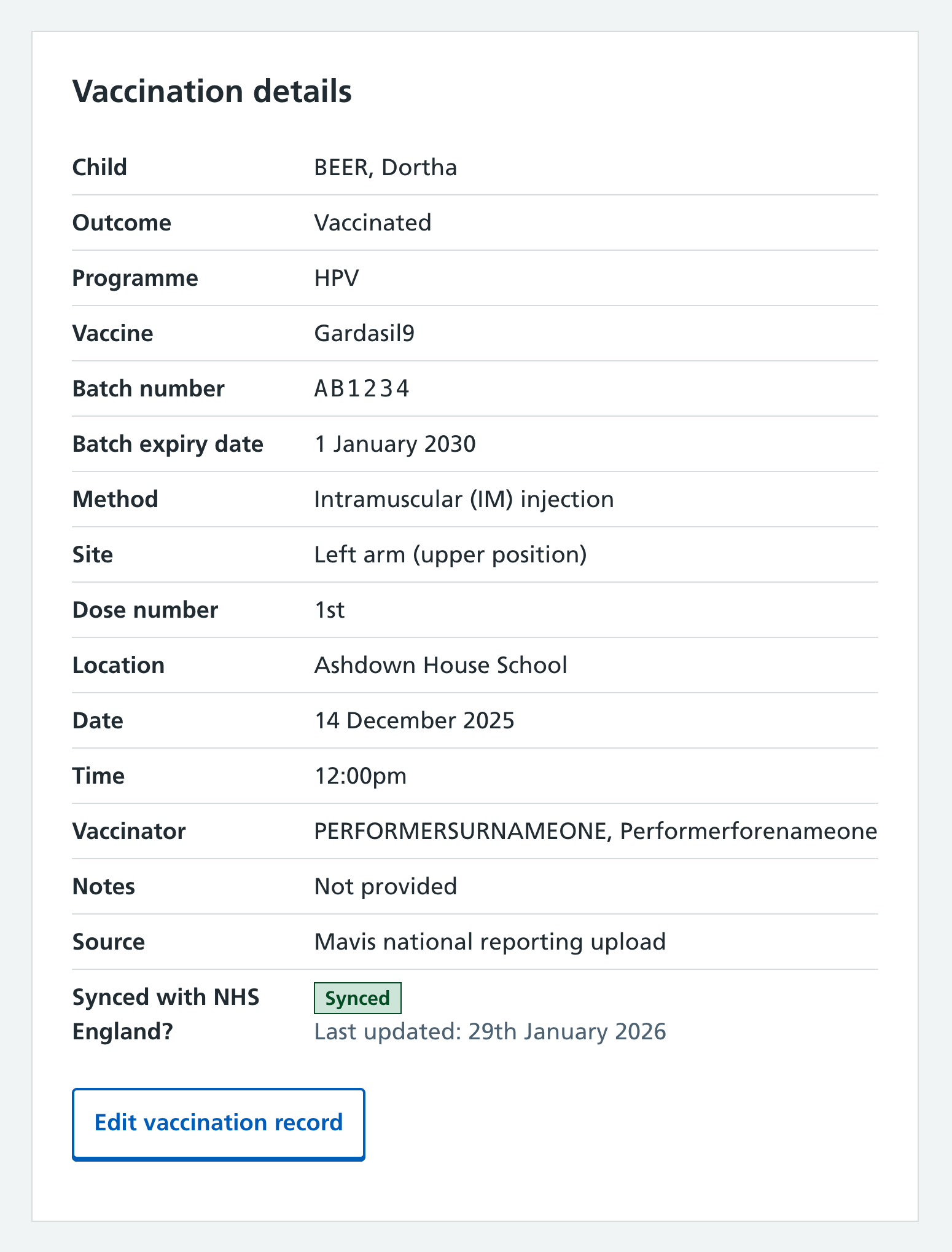 Screenshot of child record showing edit vaccination record button.
