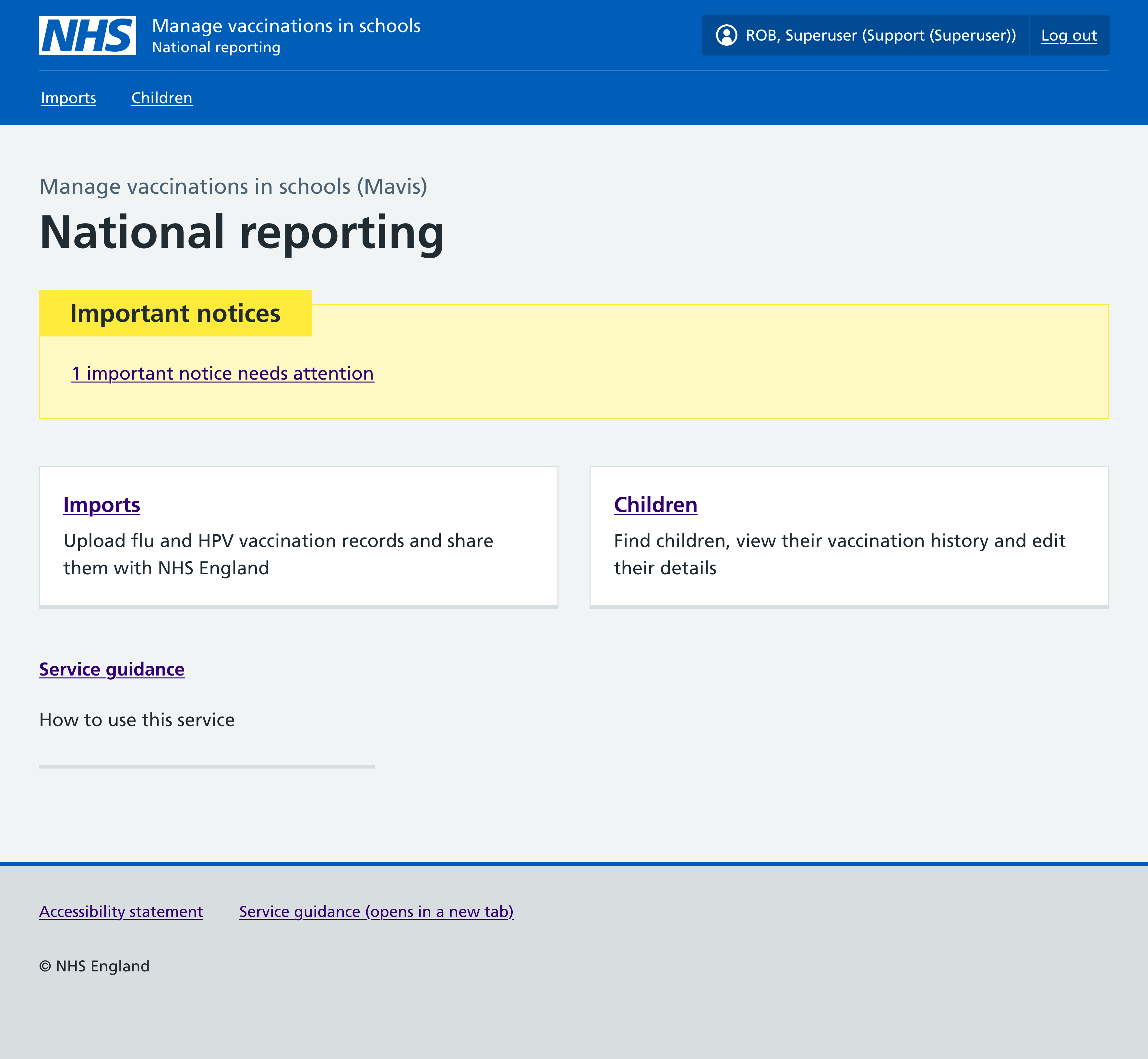 Screenshot of Mavis national reporting dashboard showing important notice warning.