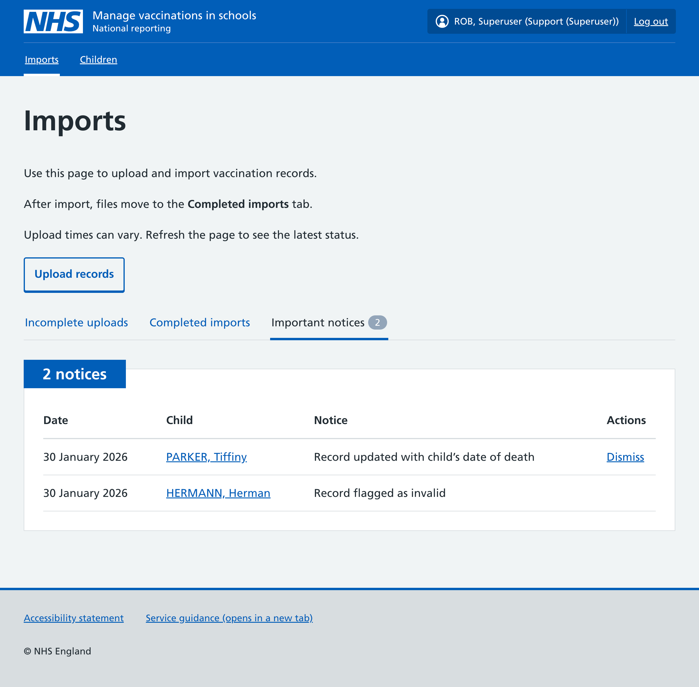 Screenshot of important notices page showing dismiss link.