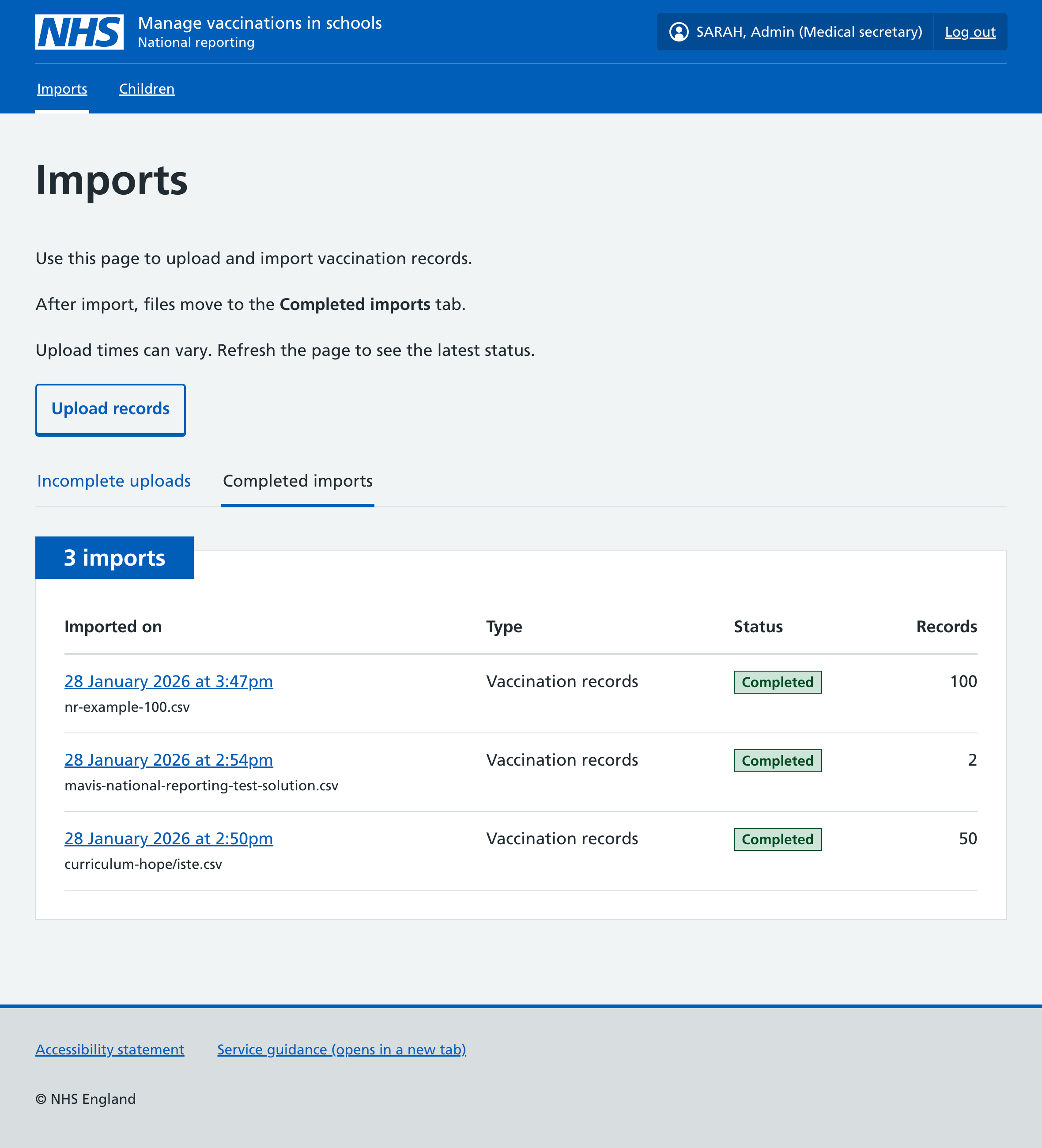 Screenshot of Completed imports tab.