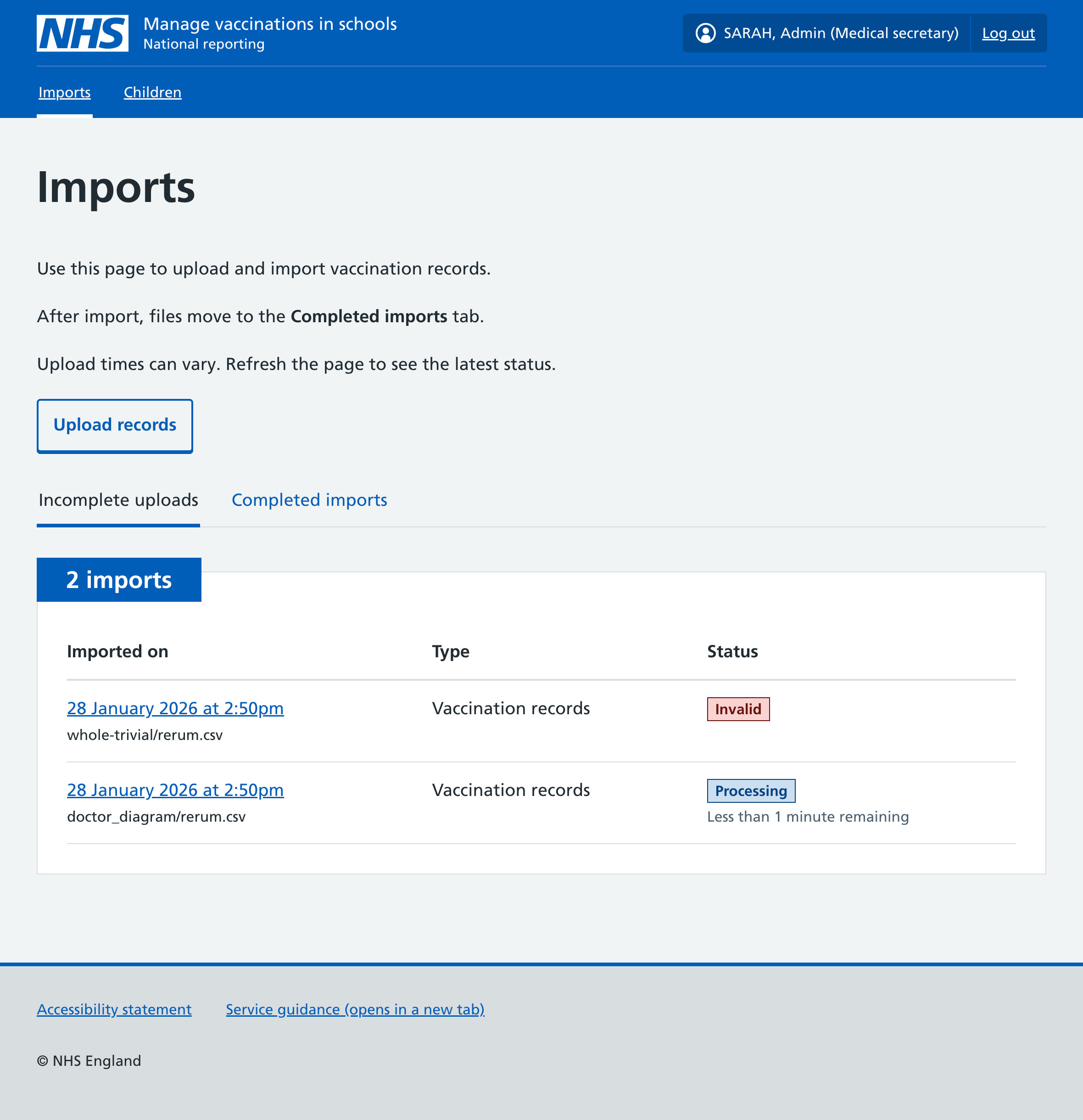 Screenshot of Imports page showing Upload records button and incomplete uploads.