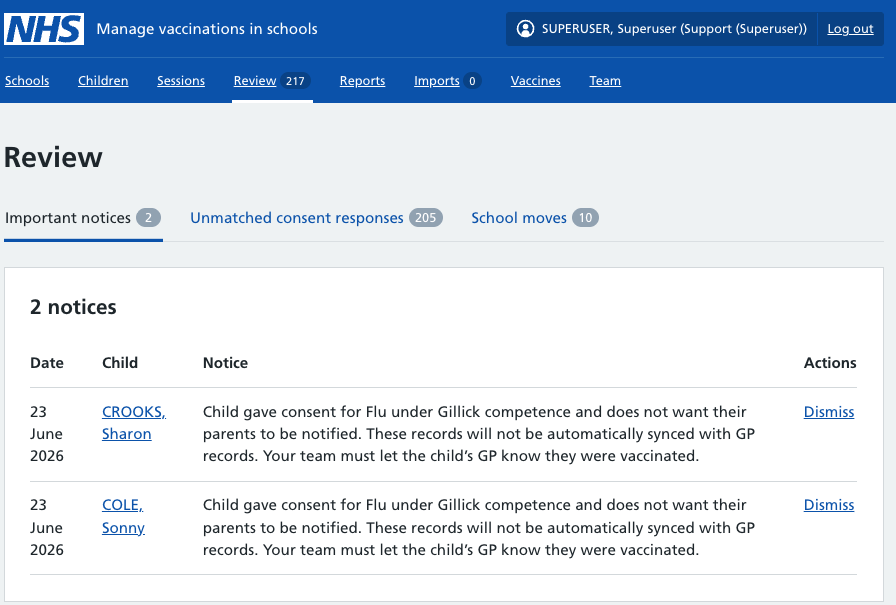 Screenshot of important notices page.