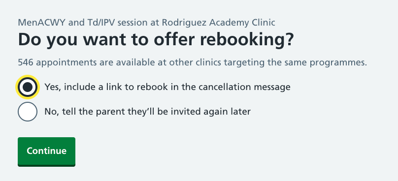 Screenshot of rebooking question.