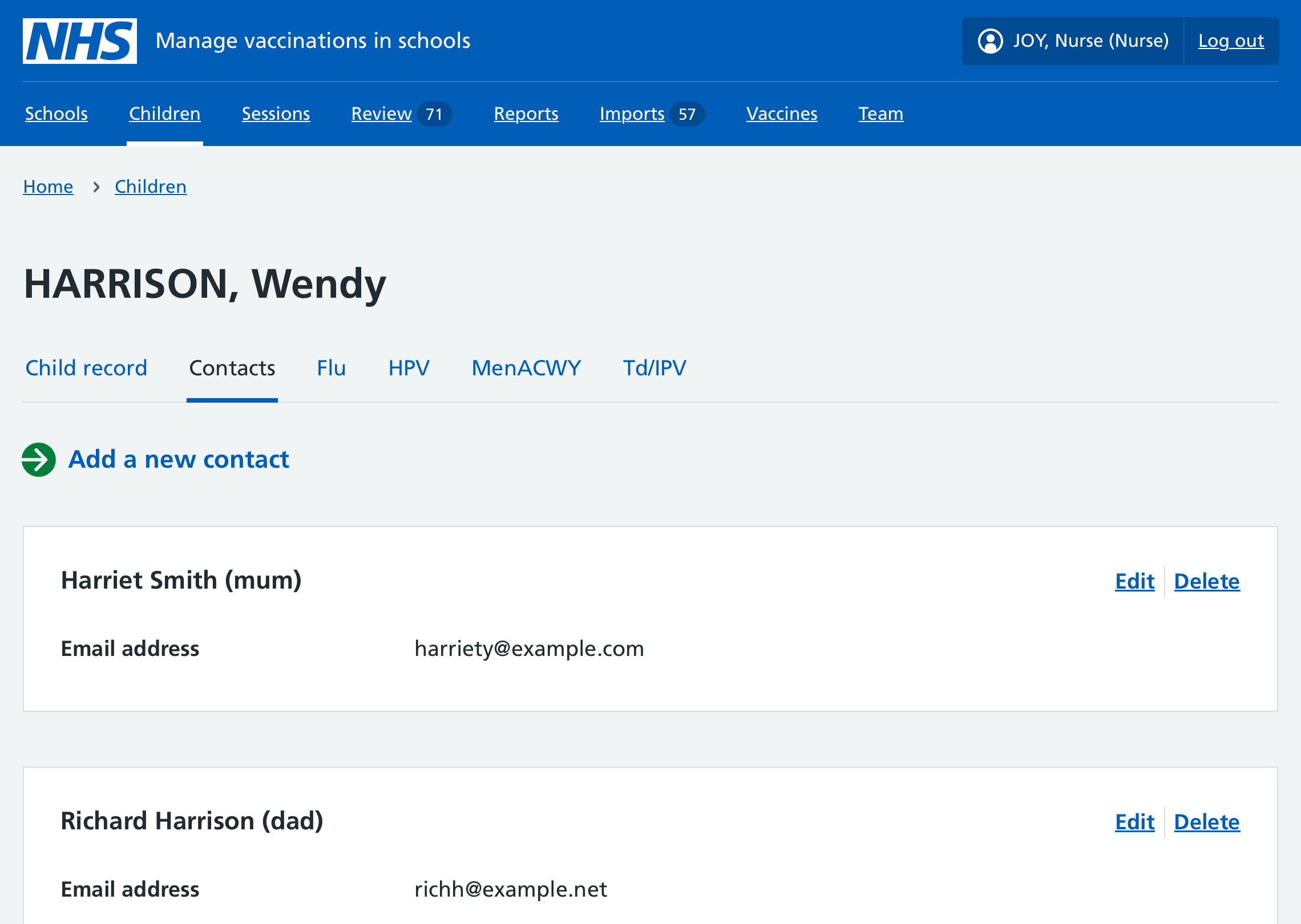 Screenshot of page to add a contact.