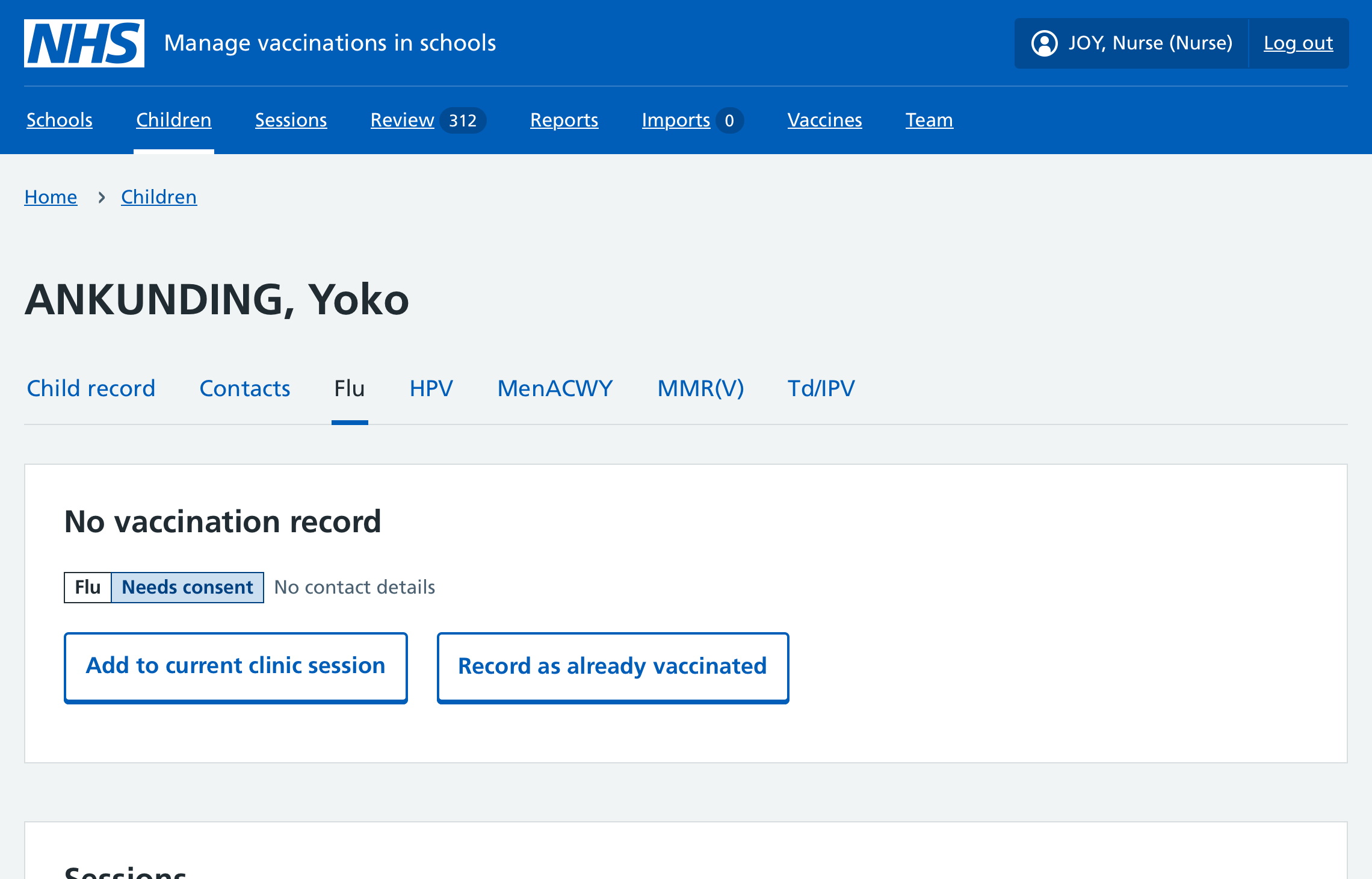Screenshot of page showing add to current clinic session
