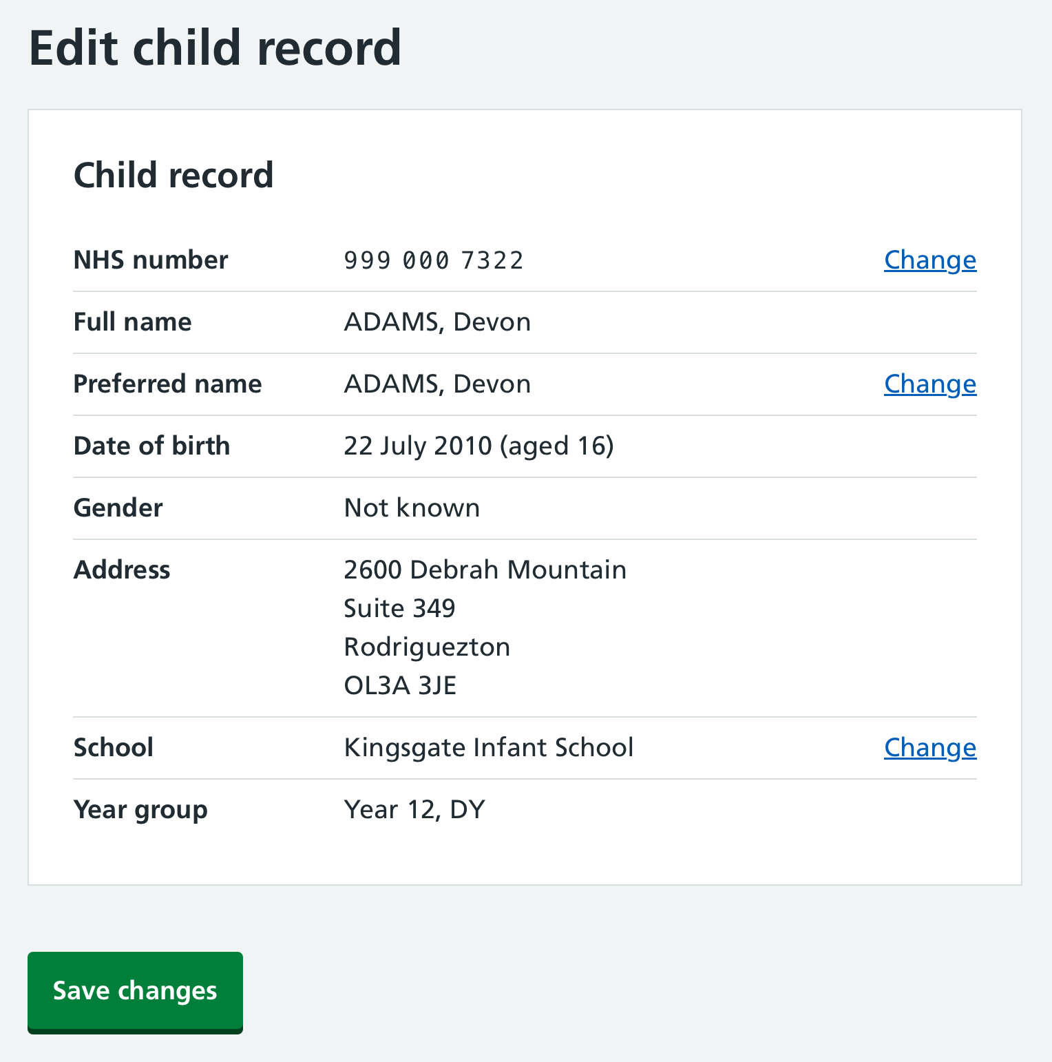 Screenshot of page to edit a child record.
