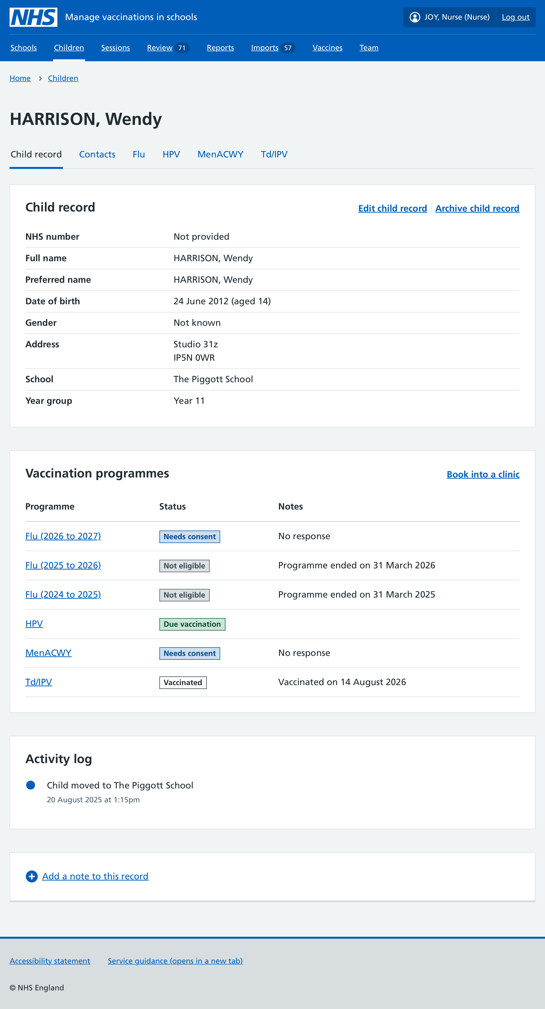 Screenshot of a child record.
