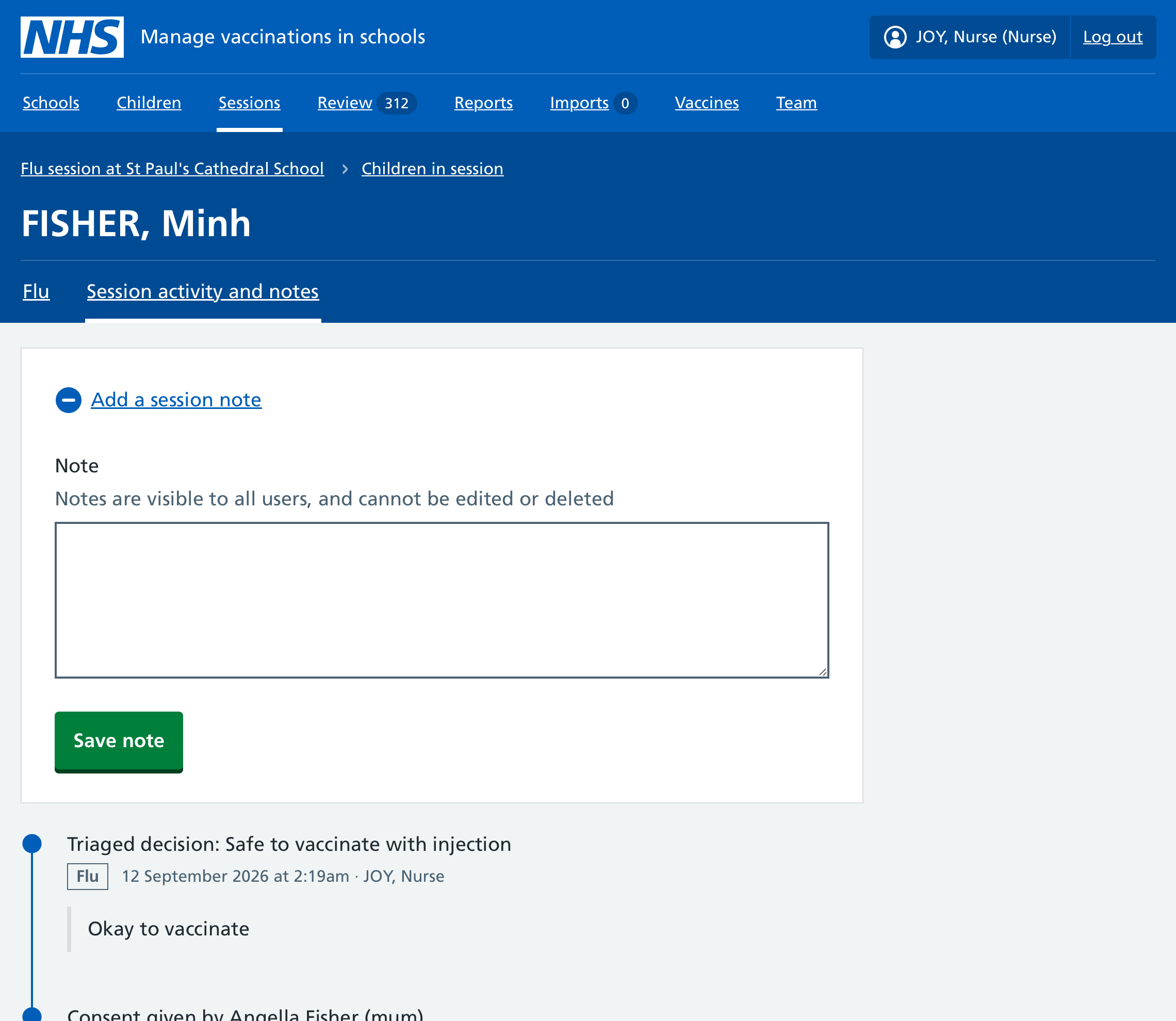 Screenshot of add session note on session activity log.