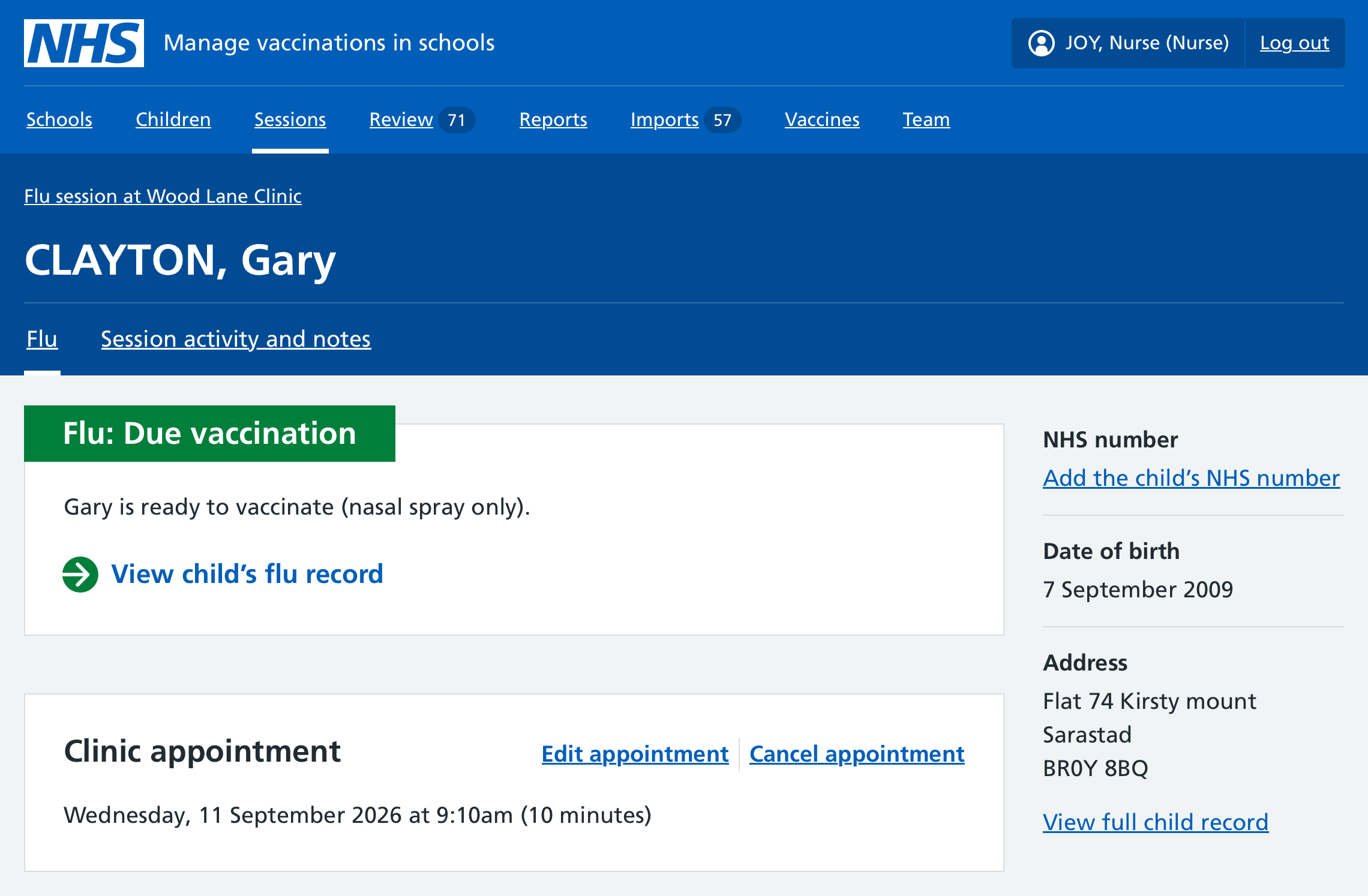 Screenshot of Clinic appointment card.