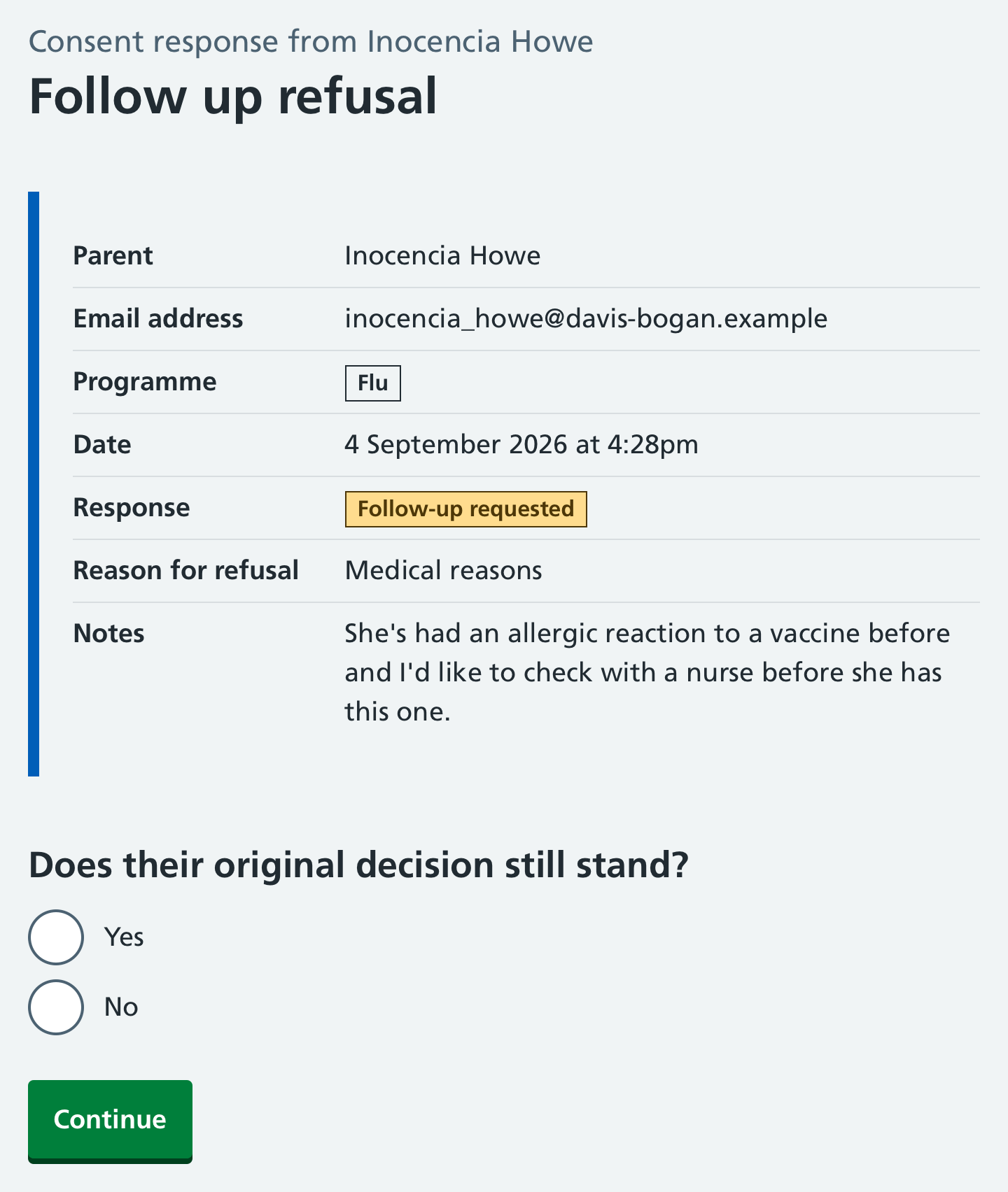 Screenshot of follow-up decision options.
