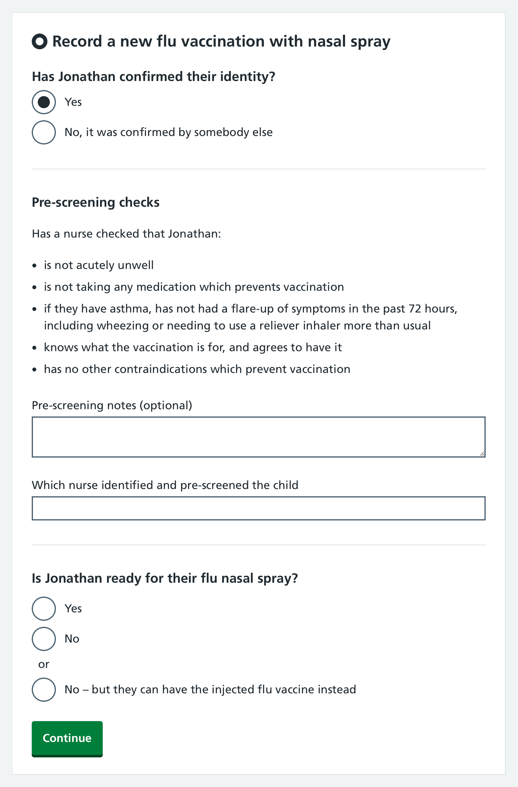 Screenshot of recording a vaccination as HCA.