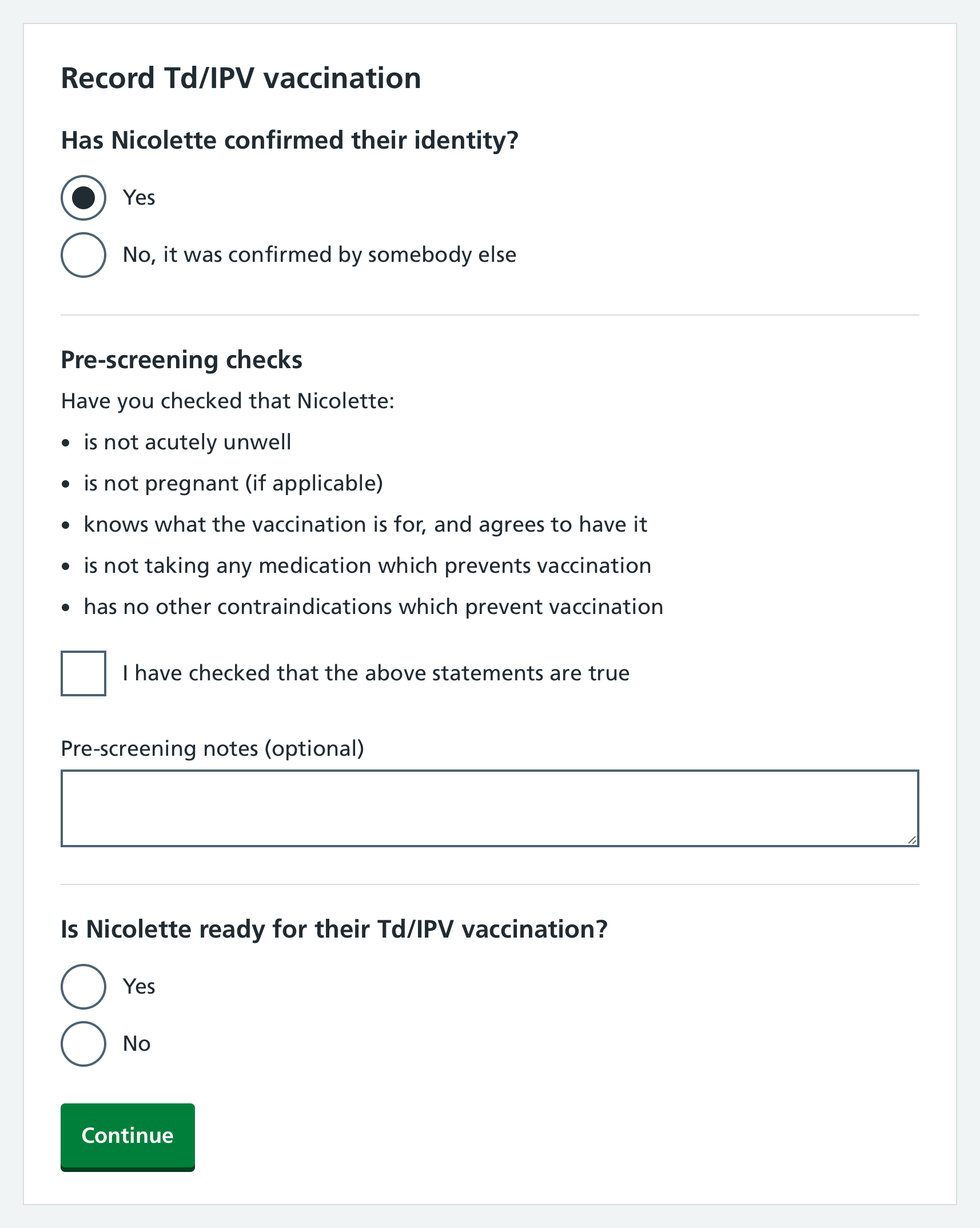 Screenshot of pre-screening questions on a patient record.