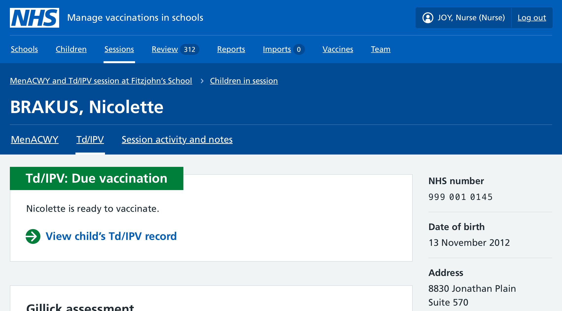 Screenshot of programme tabs on the patient session page.