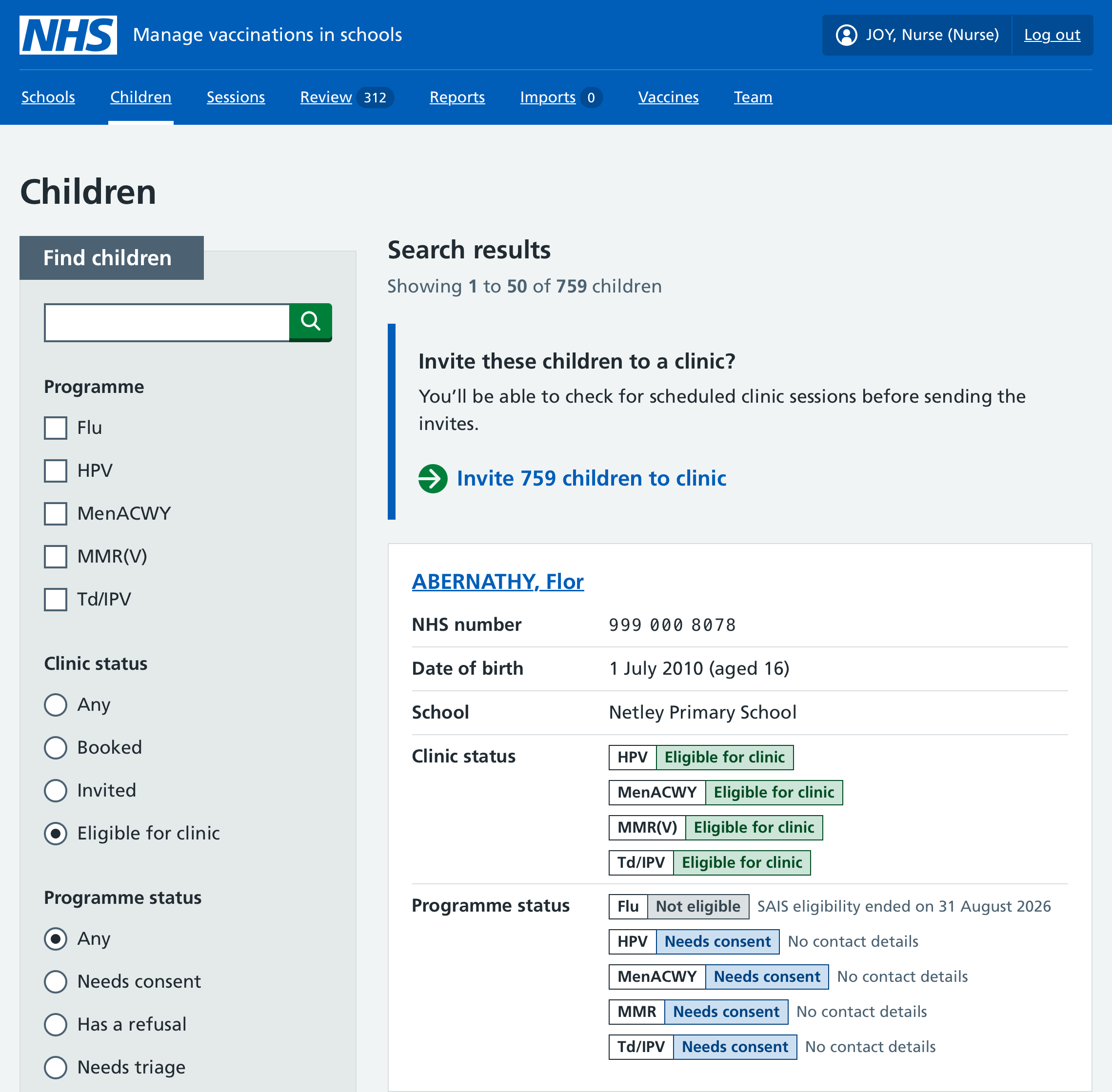 Screenshot of Eligible for clinic filter.