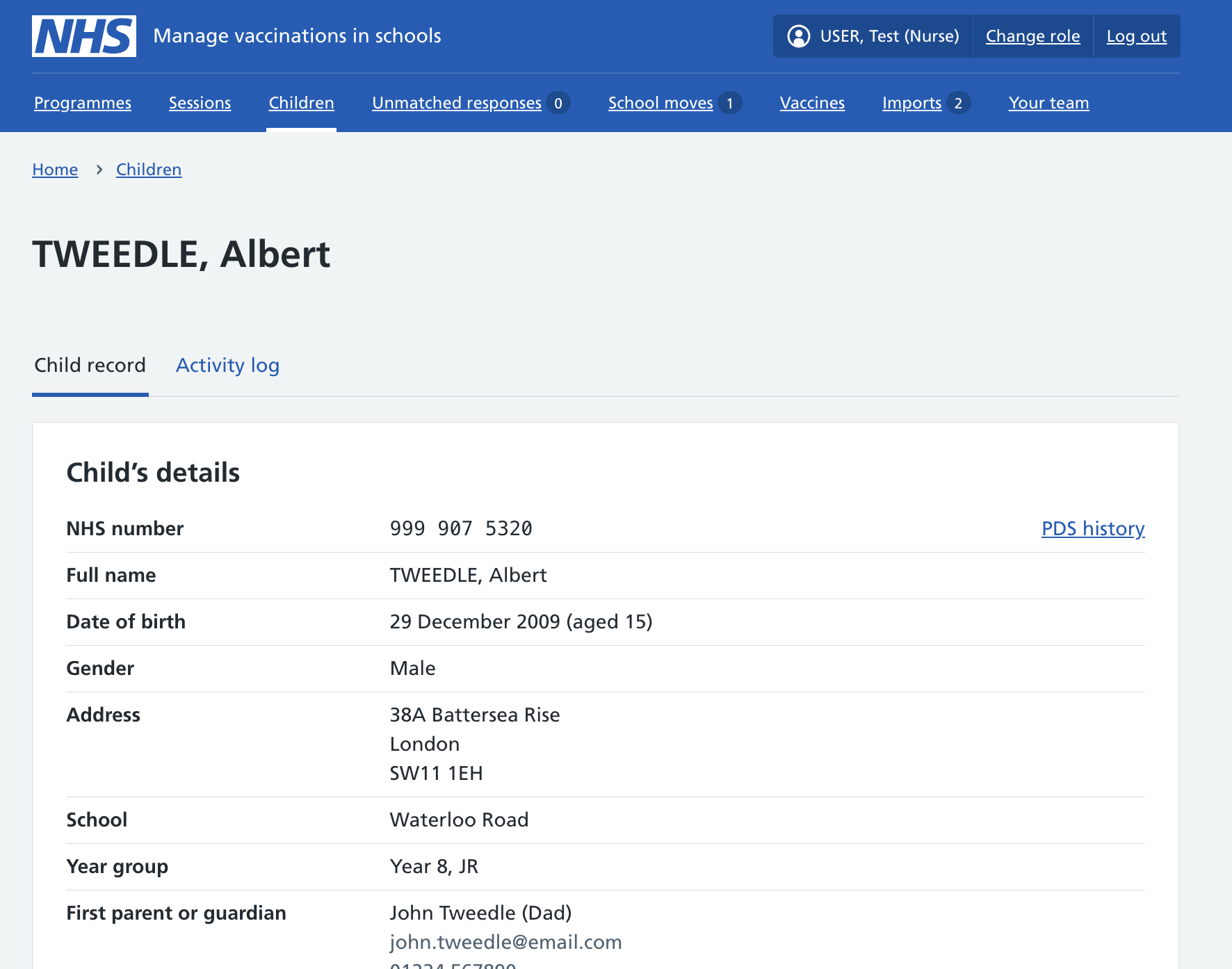 Screenshot of PDS history link on child record.