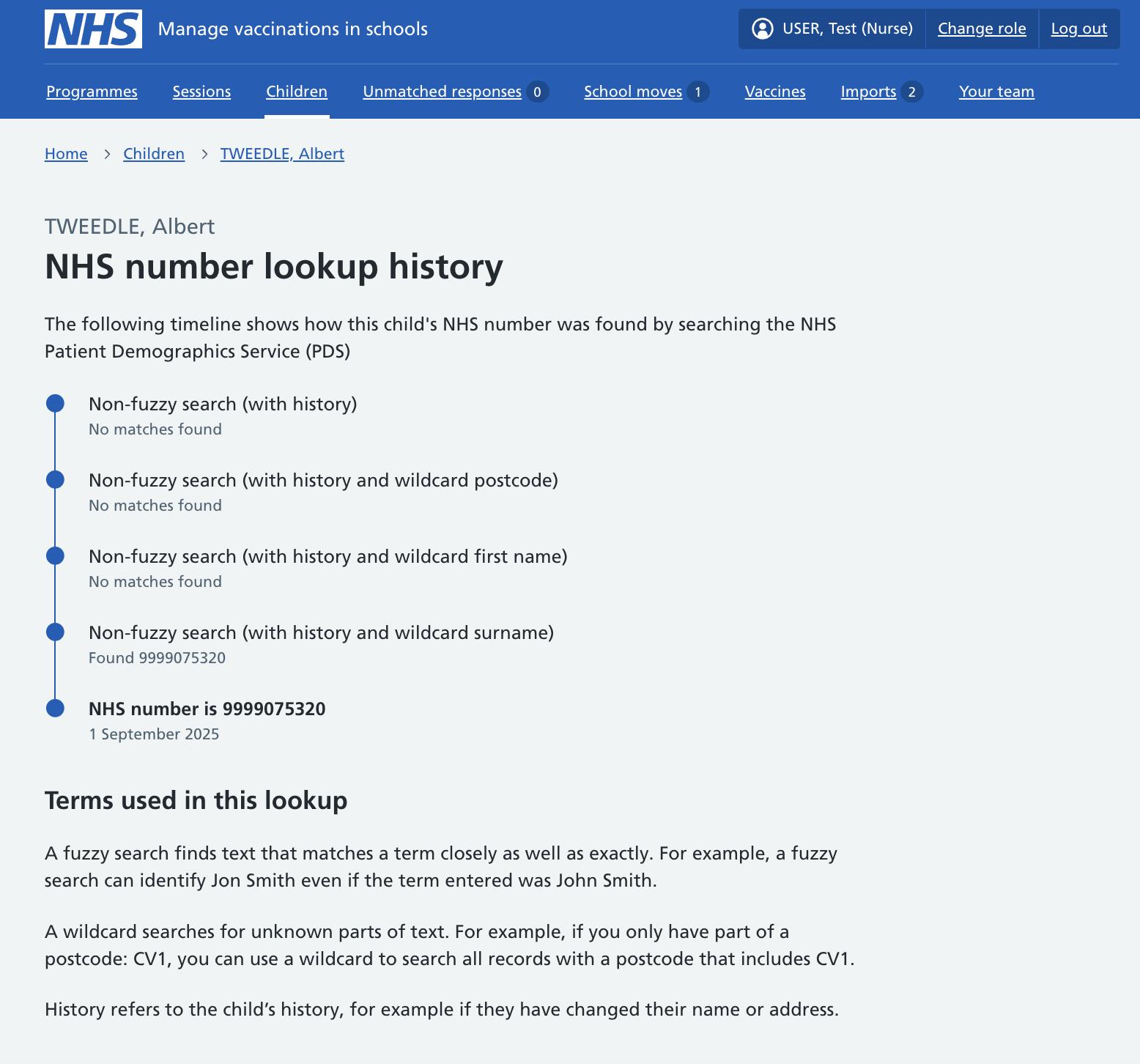 Screenshot of PDS search history.