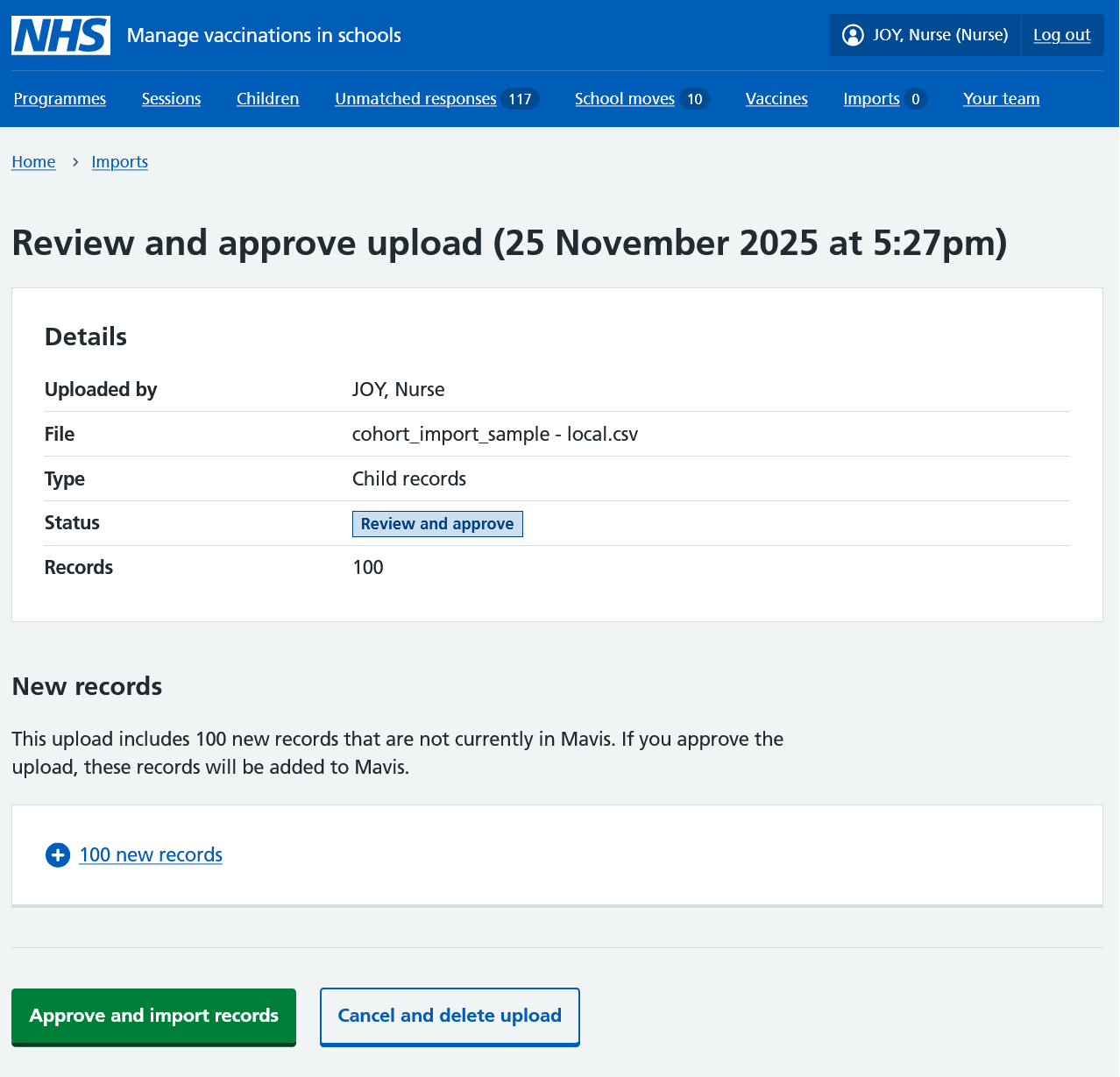 Screenshot of processed cohort import.