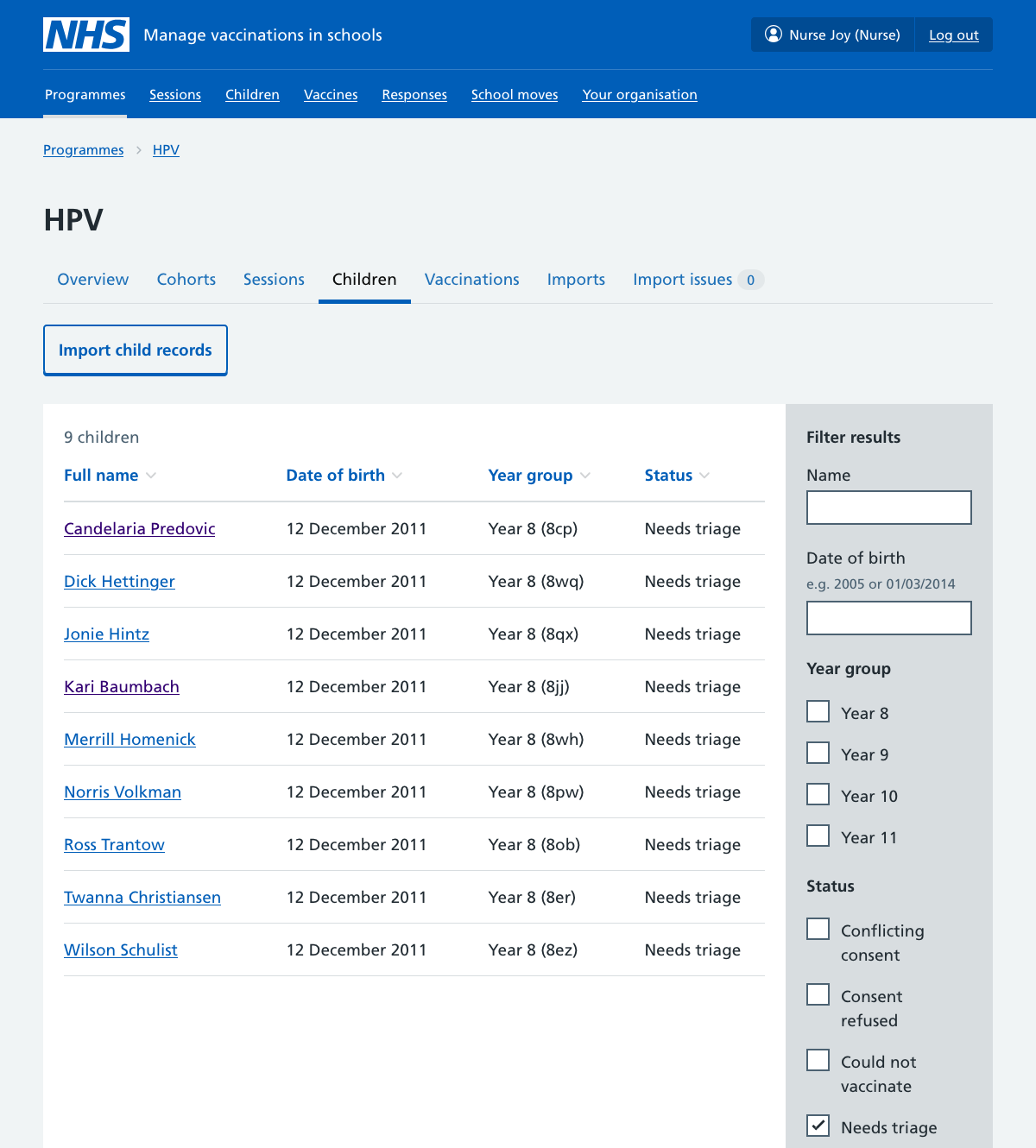 Screenshot of cohort triage