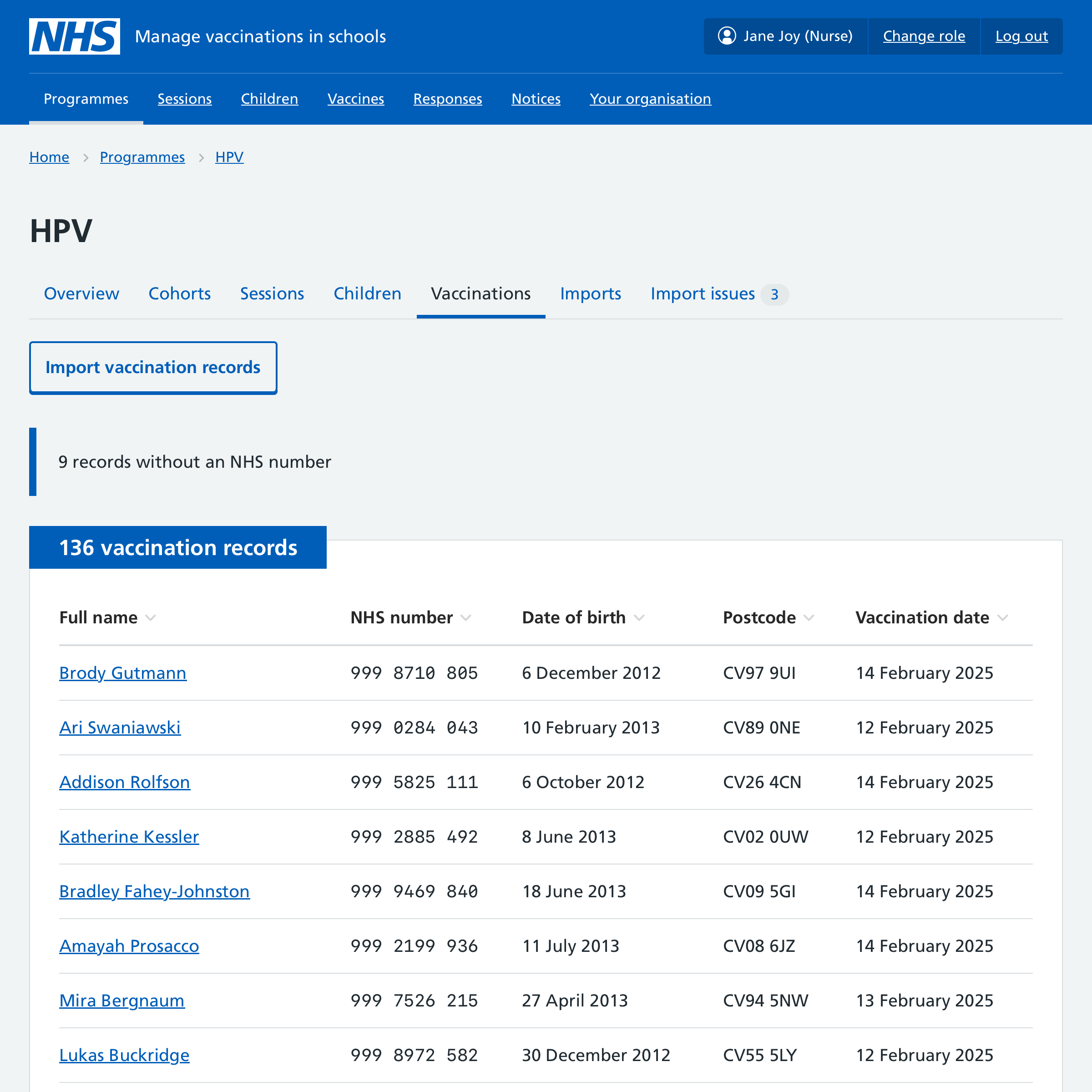 Screenshot of programme vaccinations tab.