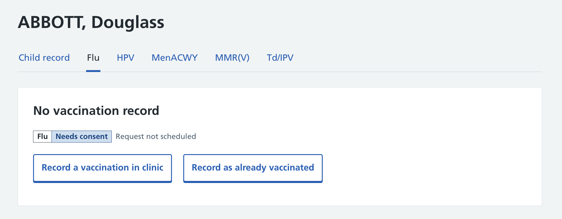 Screenshot of Record as already vaccinated button.