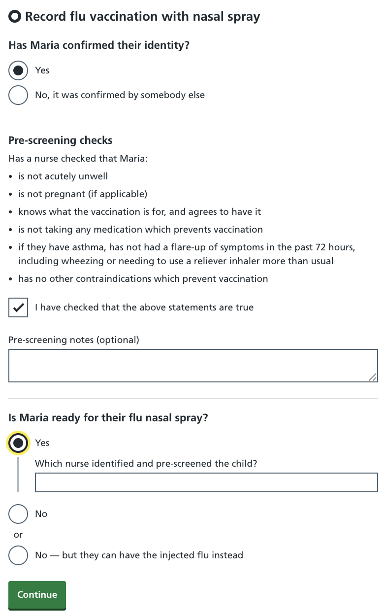 Screenshot of recording a vaccination as HCA.