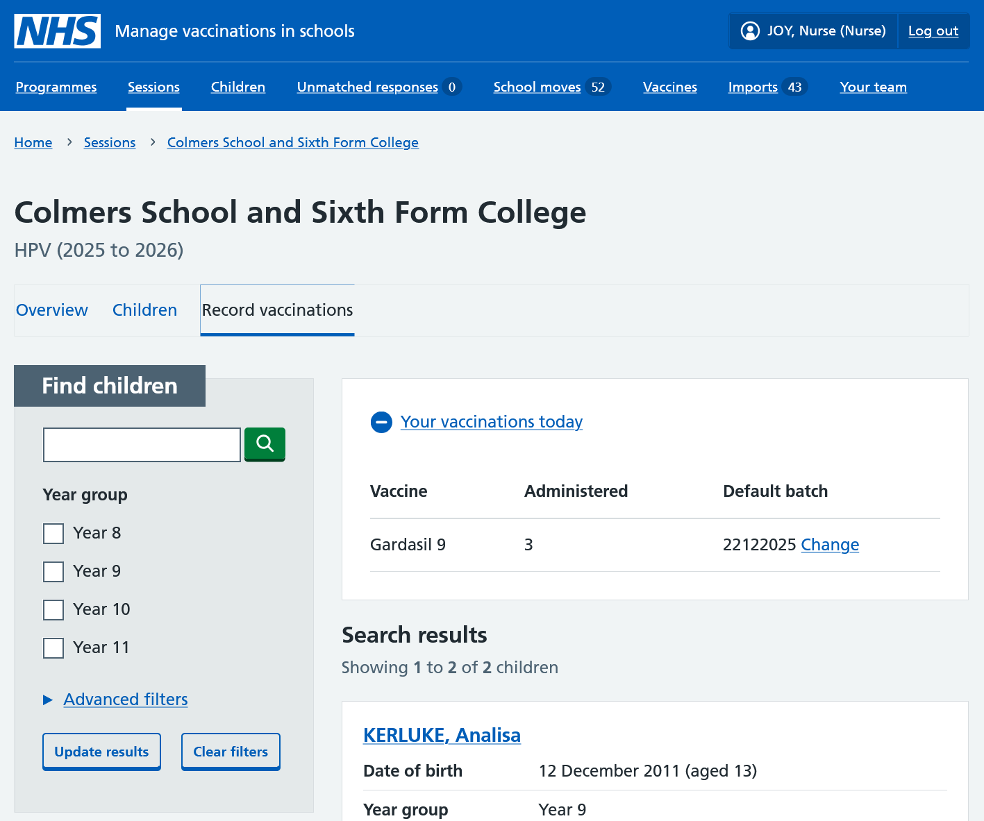 Screenshot of tally of vaccinations given by the user today.