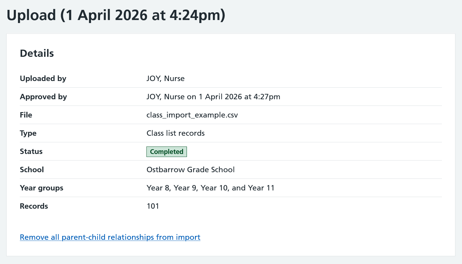 Screenshot of remove parent-child relationships button