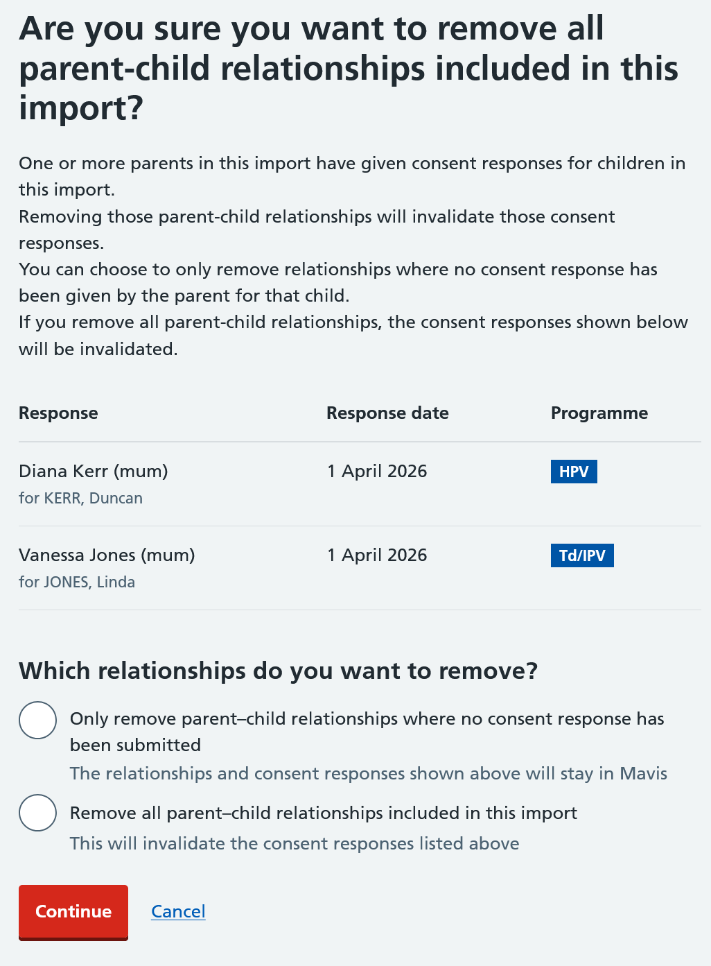 Screenshot of remove parent-child relationships confirmation screen