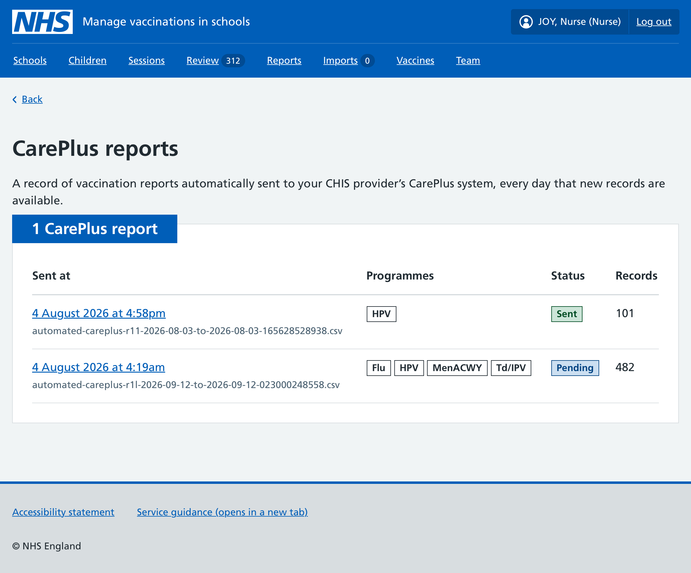 Screenshot of a CarePlus reports list.