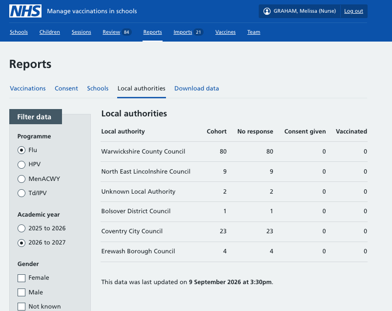 Screenshot of the local authorities dashboard.