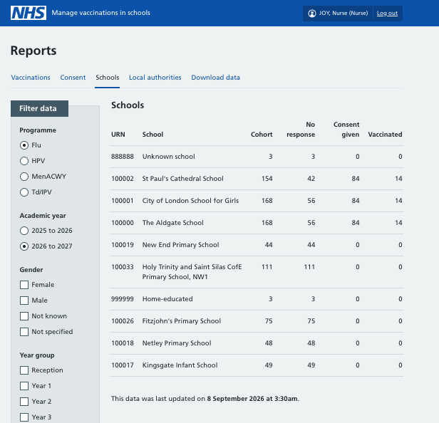 Screenshot of data for a list of schools.
