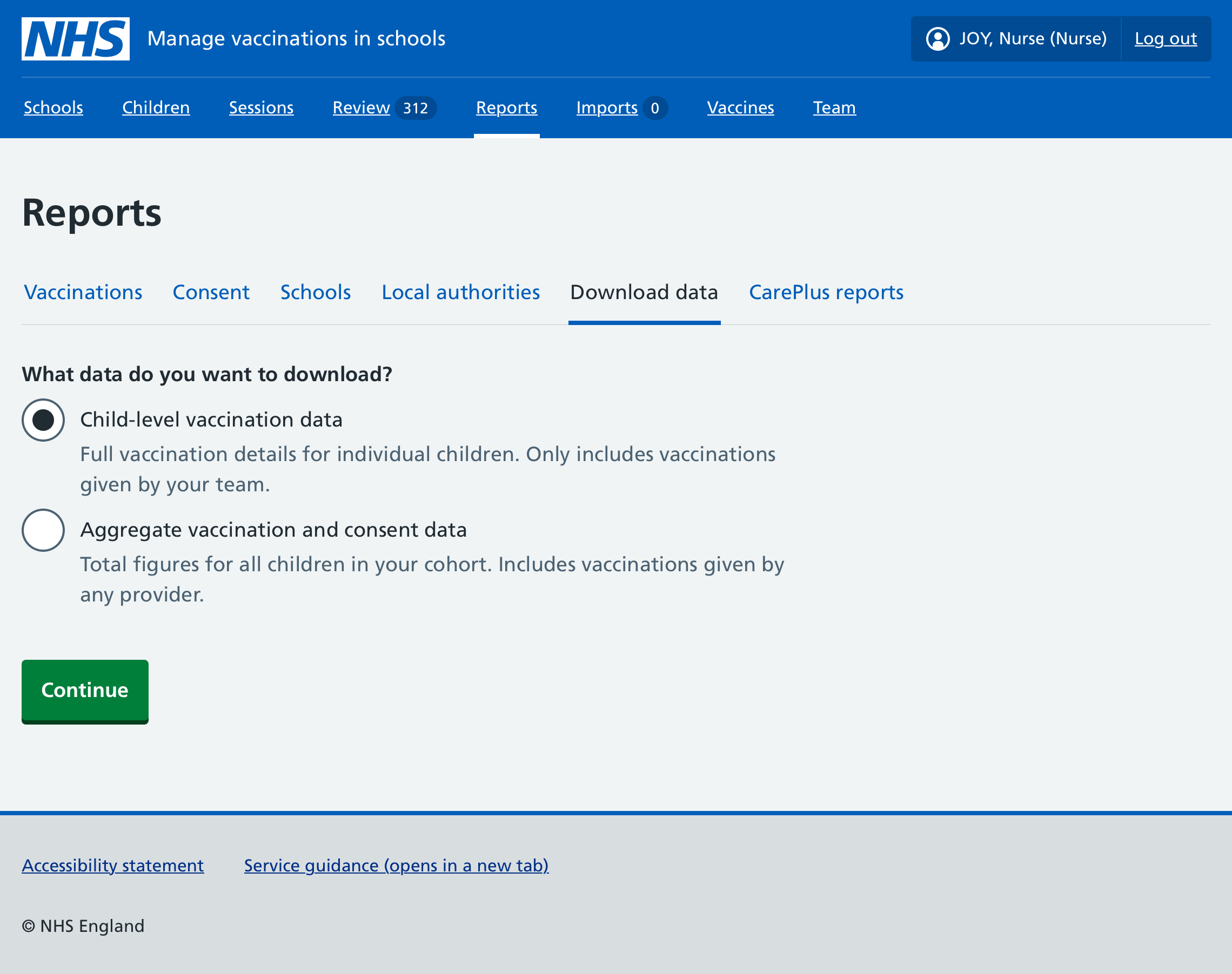 Screenshot of the Download data tab.