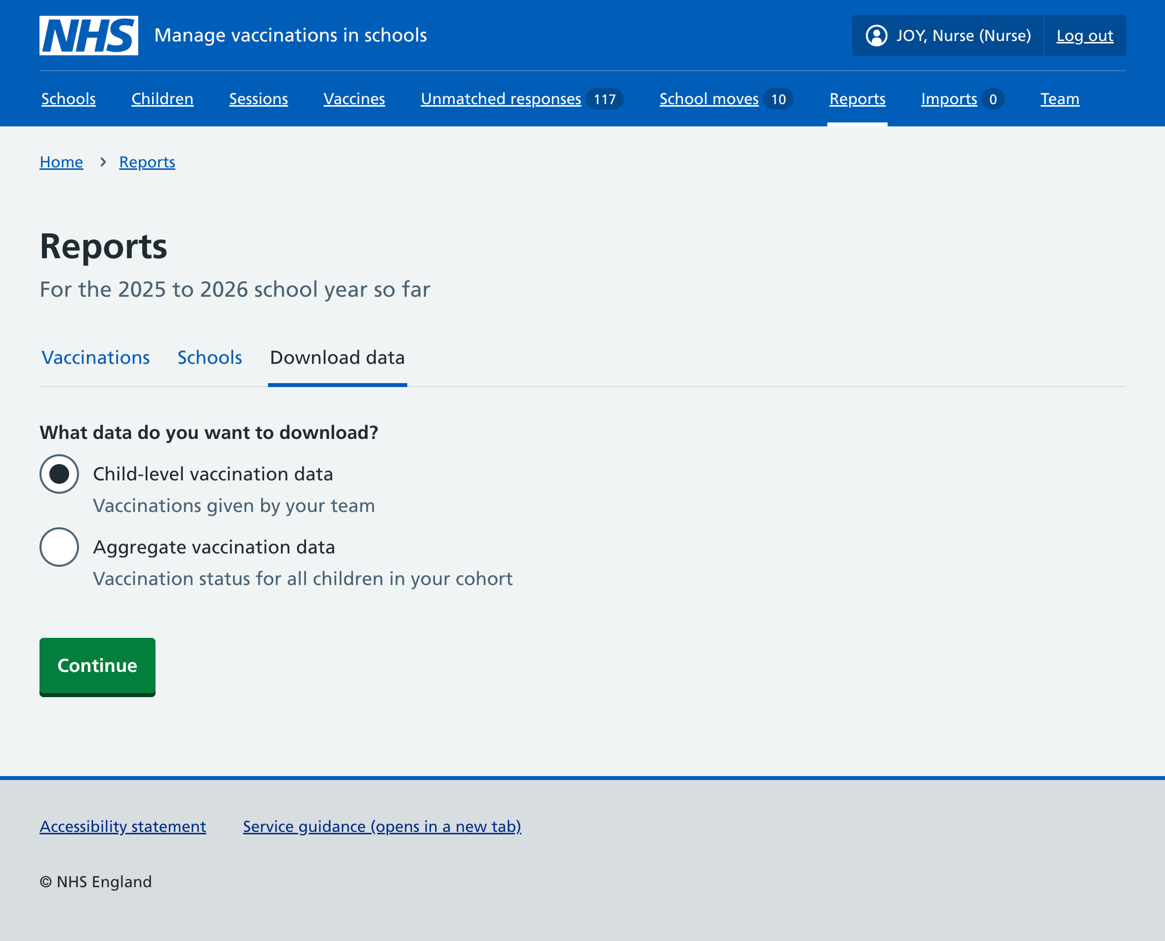 Screenshot of the Download data tab.