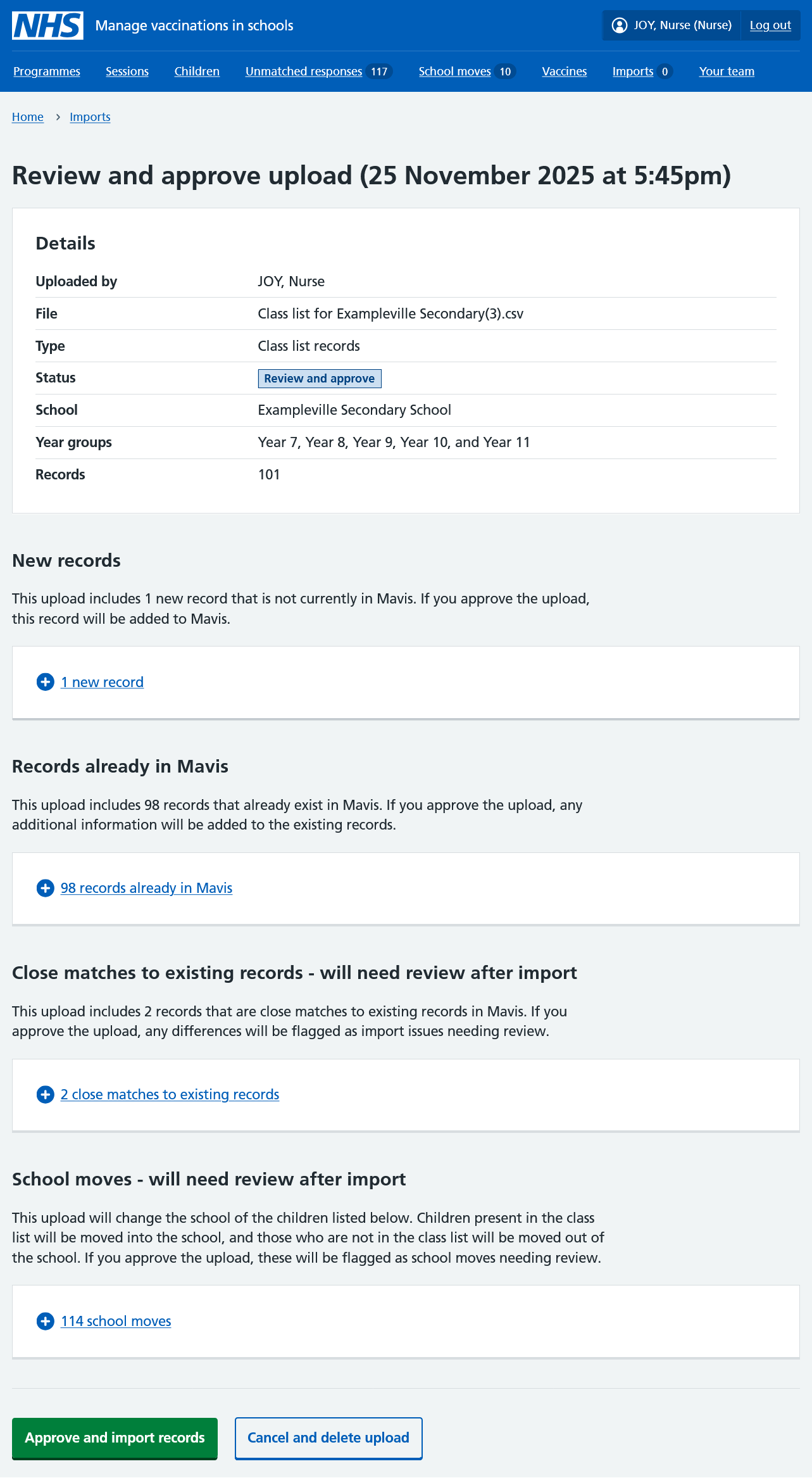 Screenshot of review screen for class import.