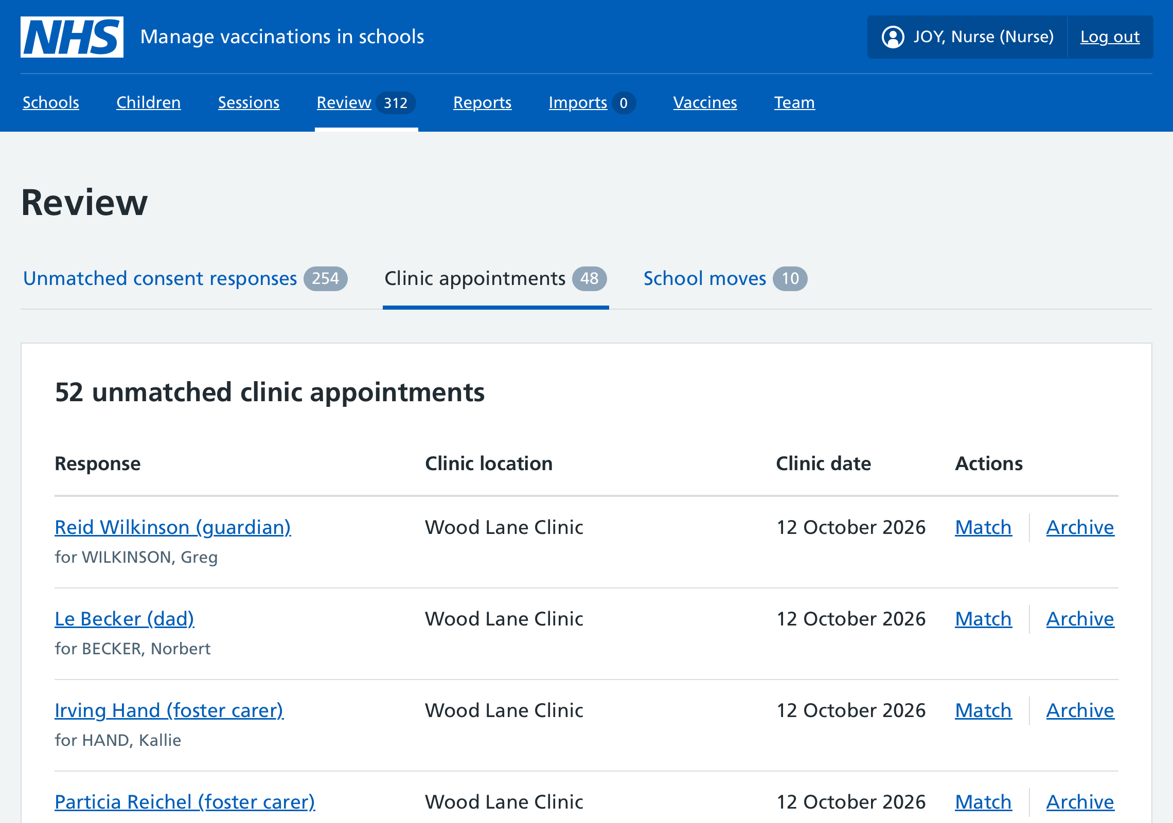Screenshot of unmatched clinic appointments.