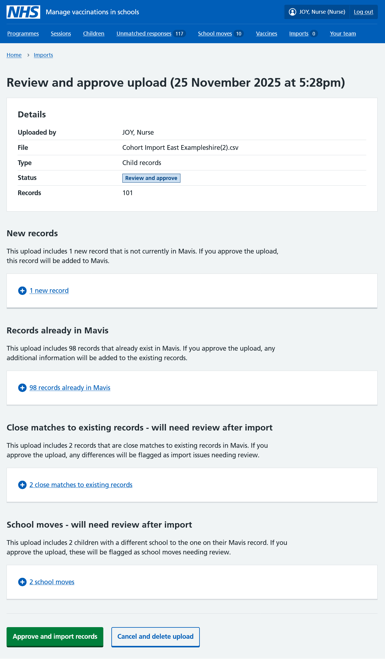 Screenshot of review screen for cohort import.