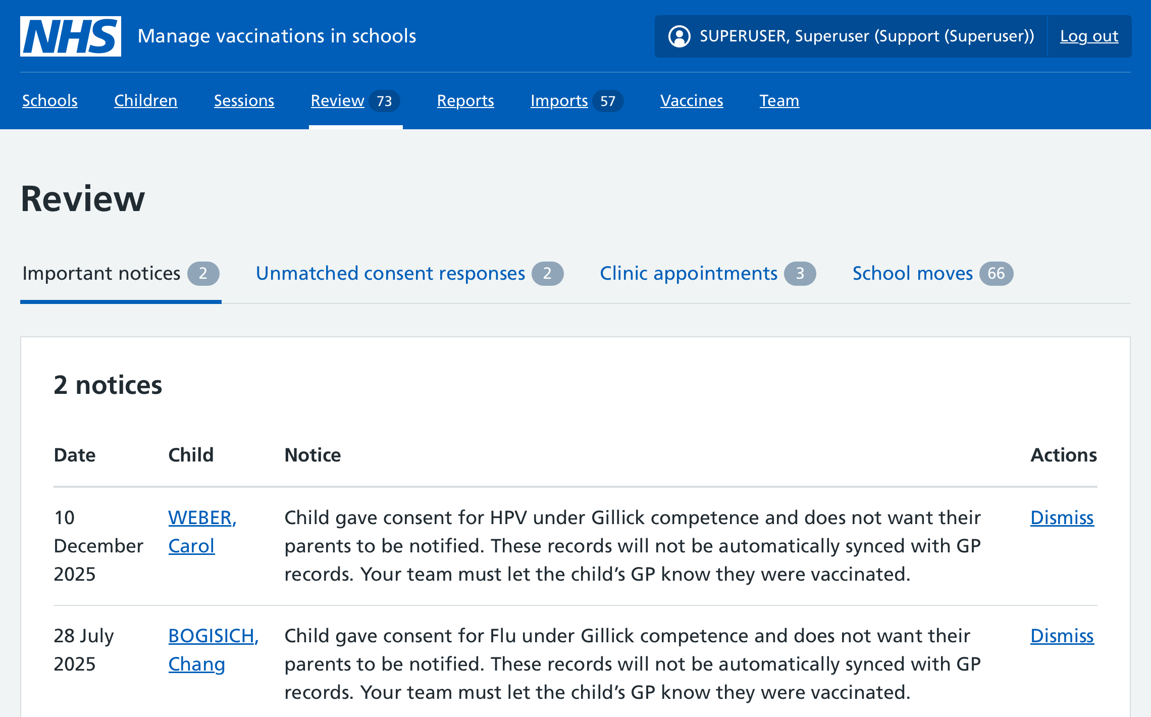 Screenshot of important notices page.