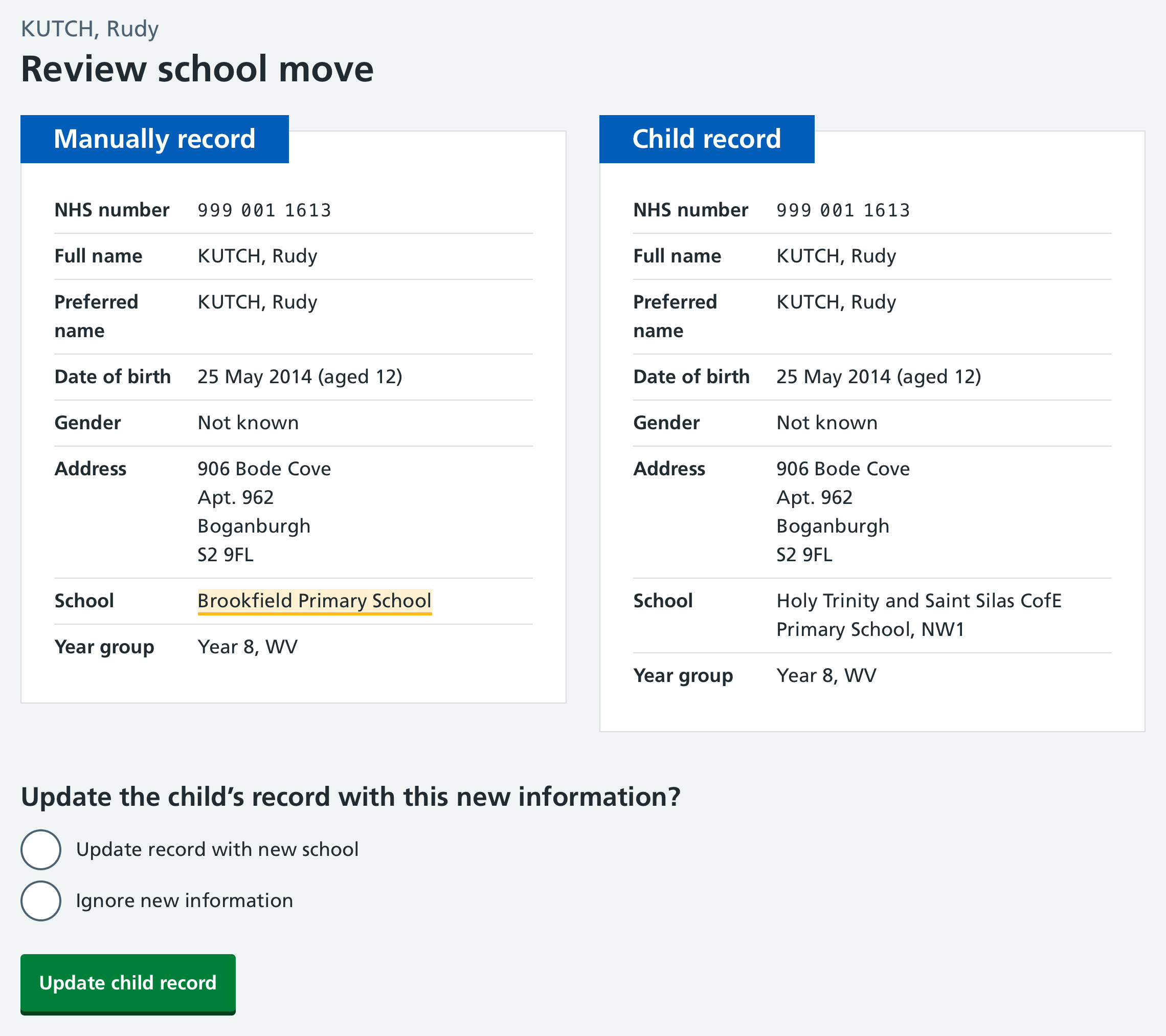 Screenshot of a school move review page.
