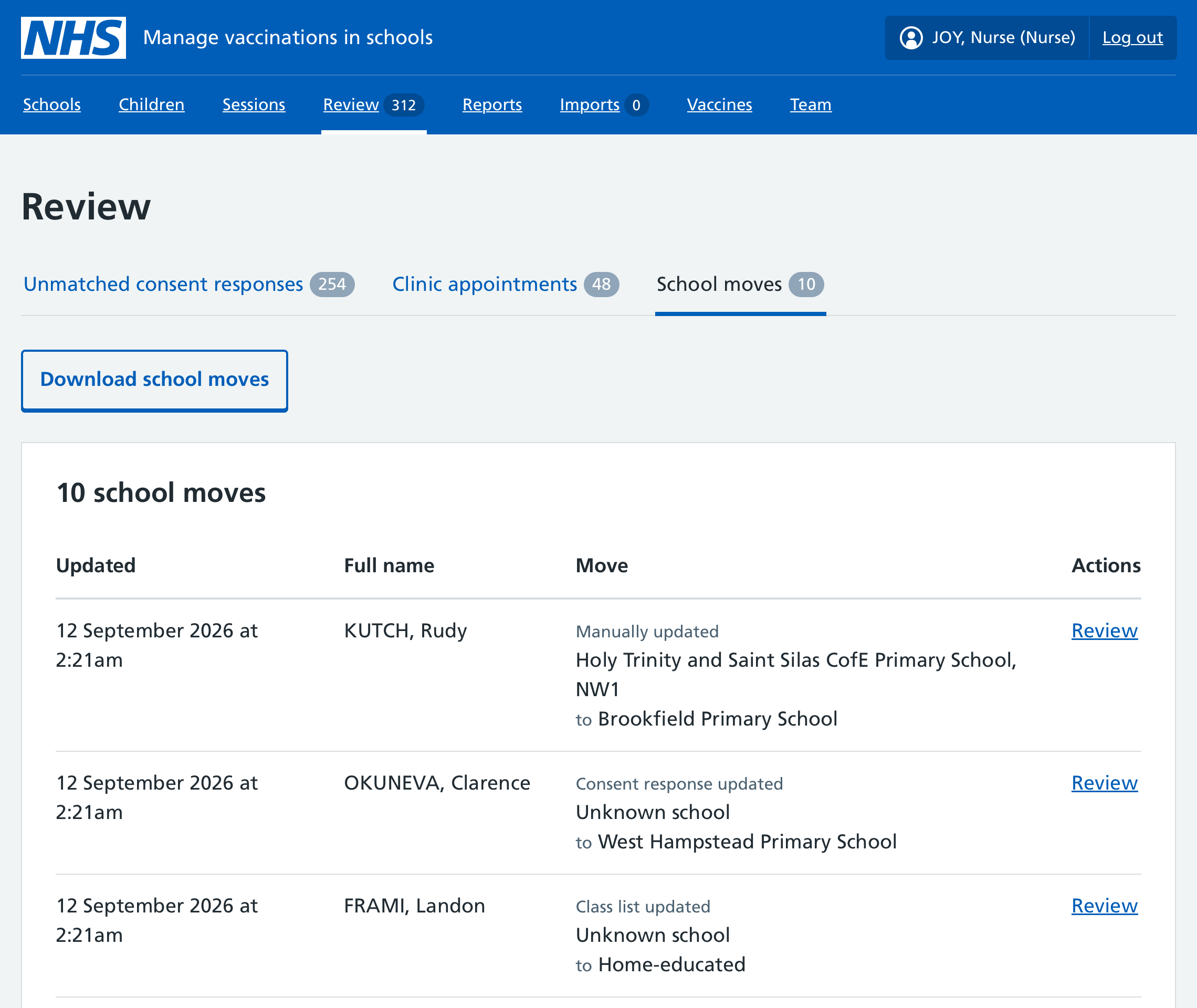 Screenshot of page showing children who have moved school.