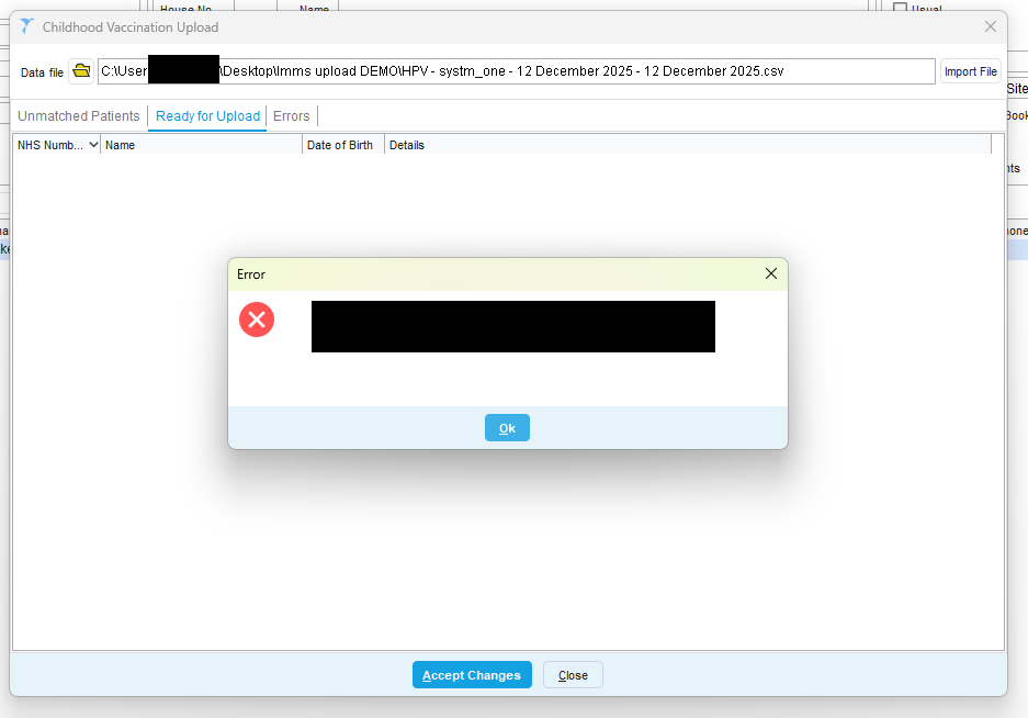 Screenshot of the SystmOne error message when errors exist with the upload.