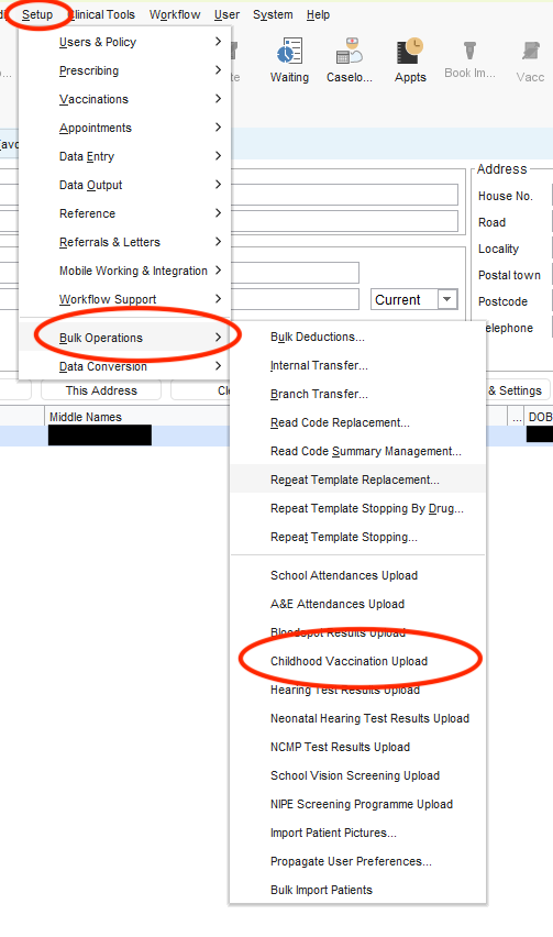 Screenshot of how to find the Childhood Vaccination Upload in SystmOne.