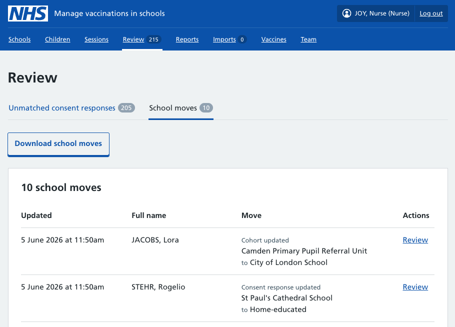 Screenshot of page showing children who have moved school.