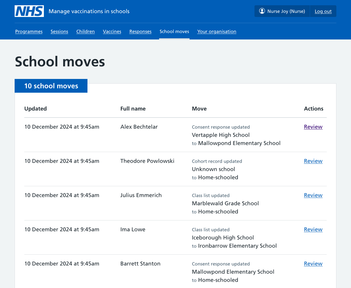 Screenshot of page showing children who have moved school.