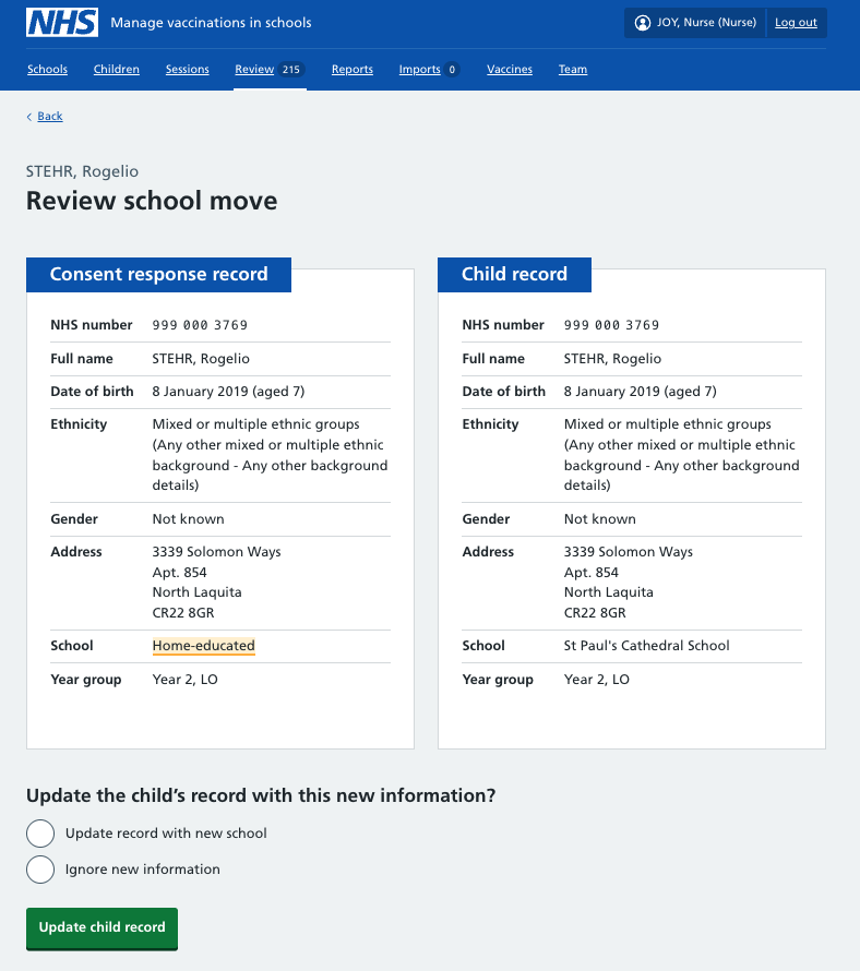 Screenshot of a school move review page.