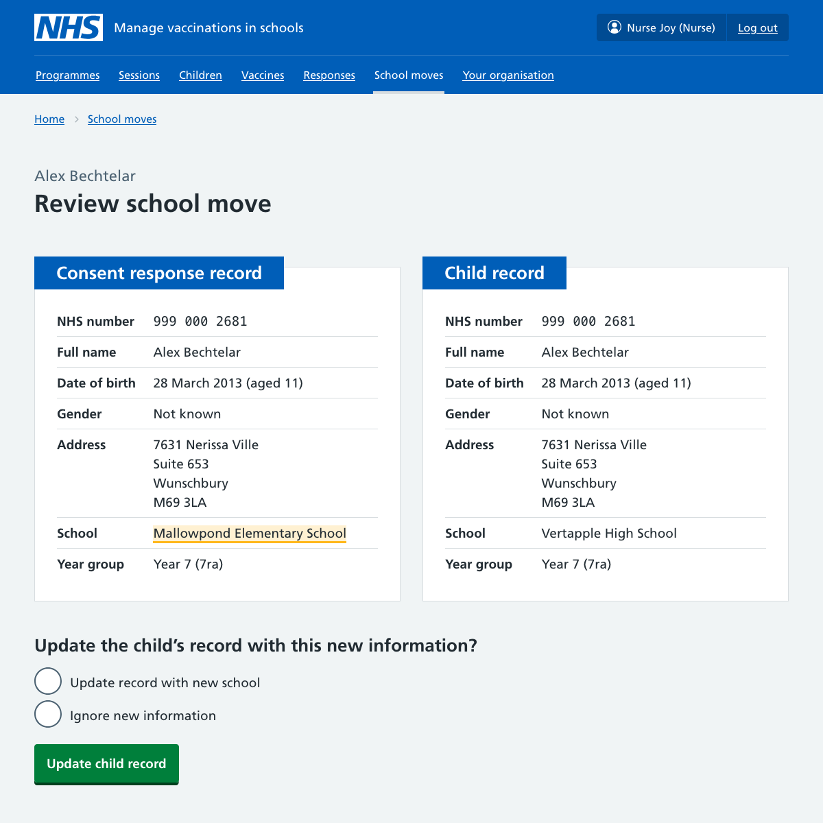 Screenshot of a school move review page.