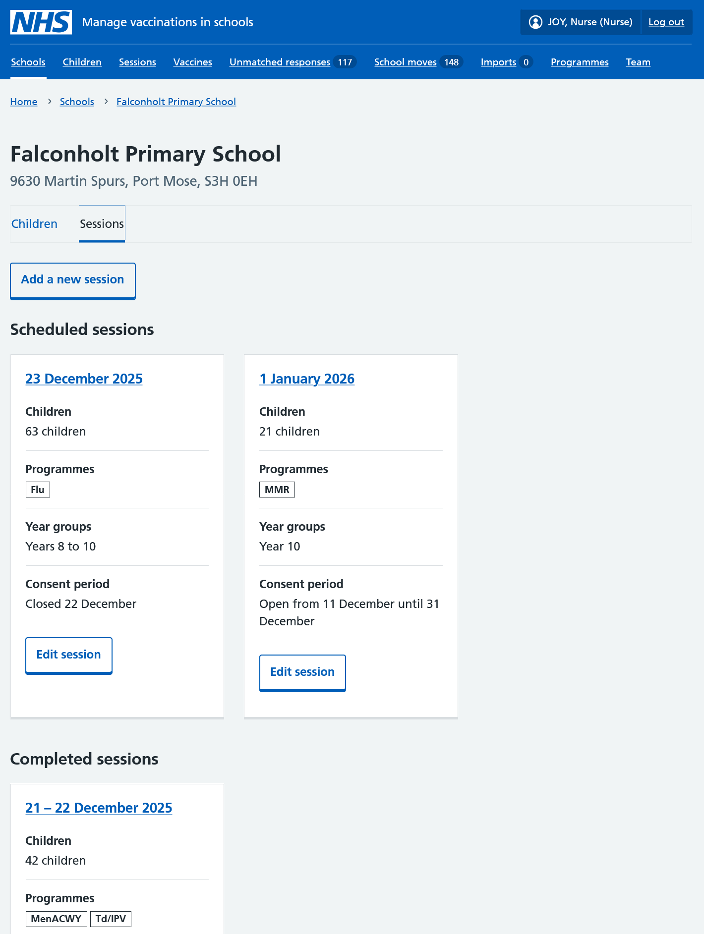 Screenshot of session tab on a school page